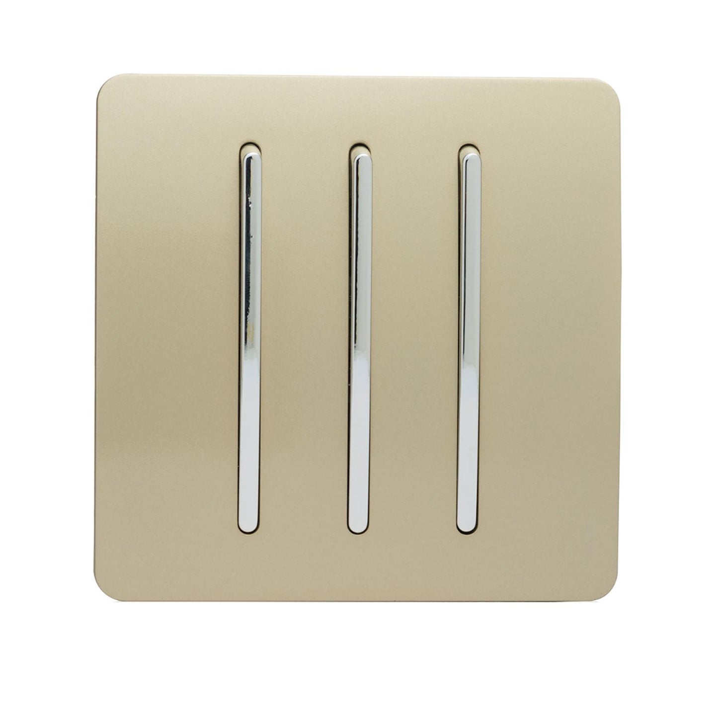 Trendi 3 Gang 2 way 240V Screwless Raised Front Plate Plastic Artistic Modern Glossy 10 Amp Chrome Rocker Triple Electrical Wall Light Switch in Champagne Gold