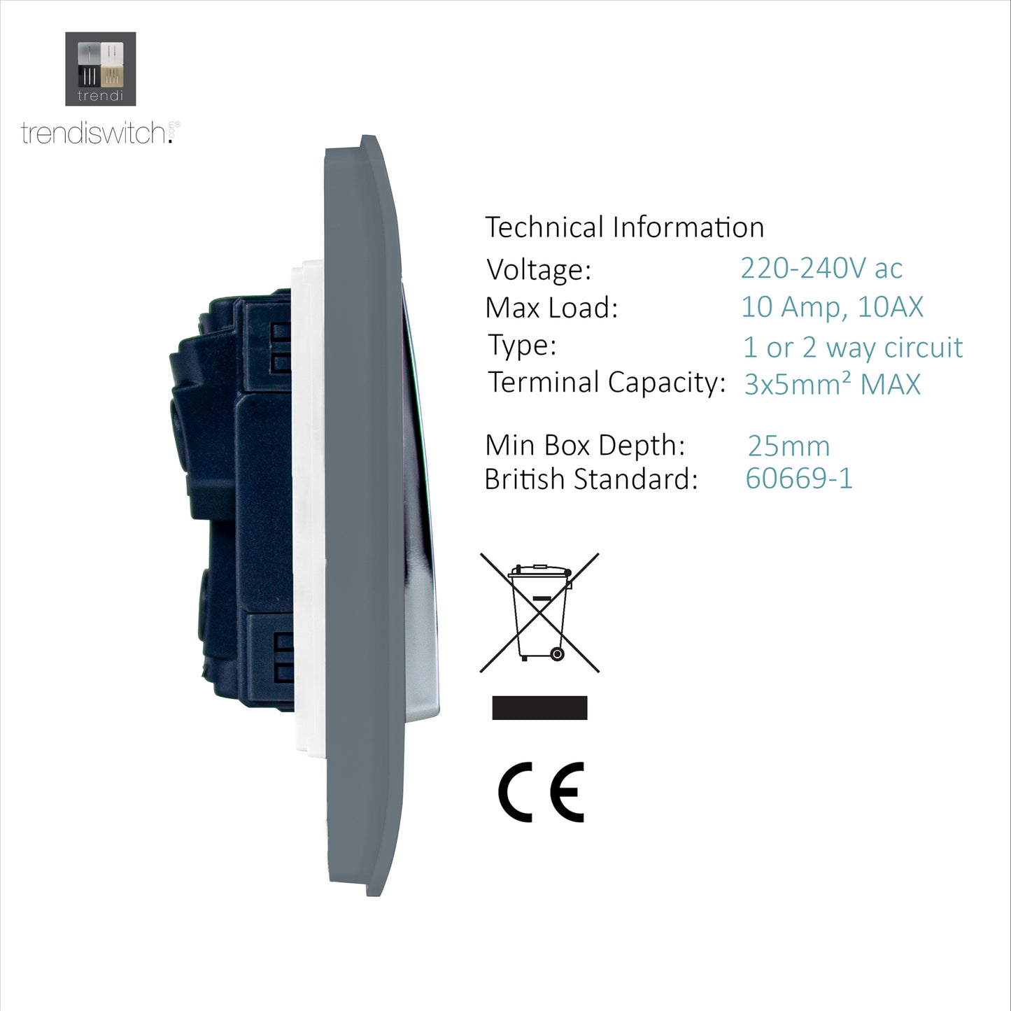 Trendi 2 Gang 2 Way 240V Screwless Raised Front Plate Plastic Artistic Modern Glossy 10 Amp Chrome Rocker Single Electrical Wall Light Switch Warm Grey - ART-SS4WG