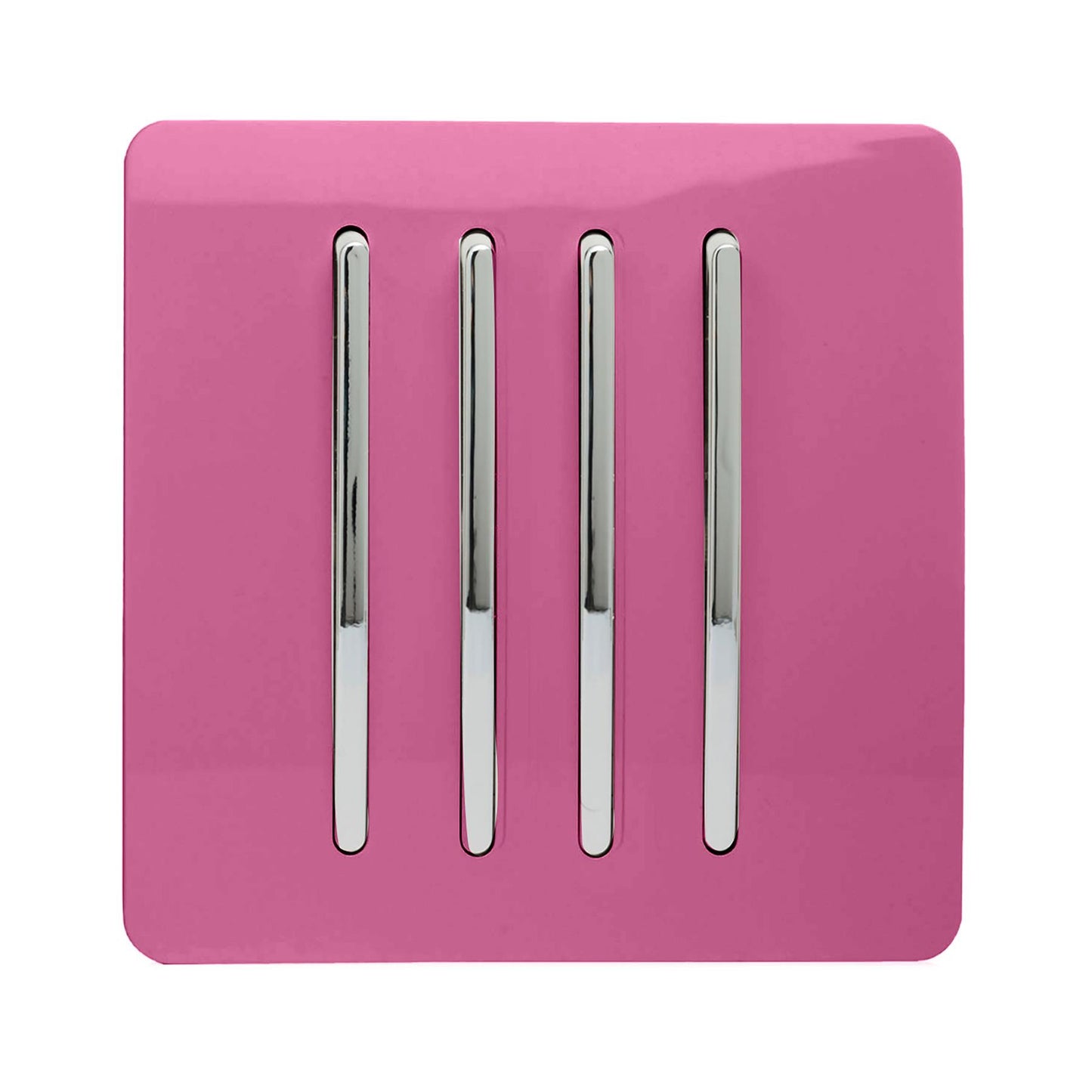Trendi 4 Gang 2 way 240V Screwless Raised Front Plate Plastic Artistic Modern Glossy 10 Amp Chrome Rocker Quad Electrical Wall Light Switch in Candy Pink