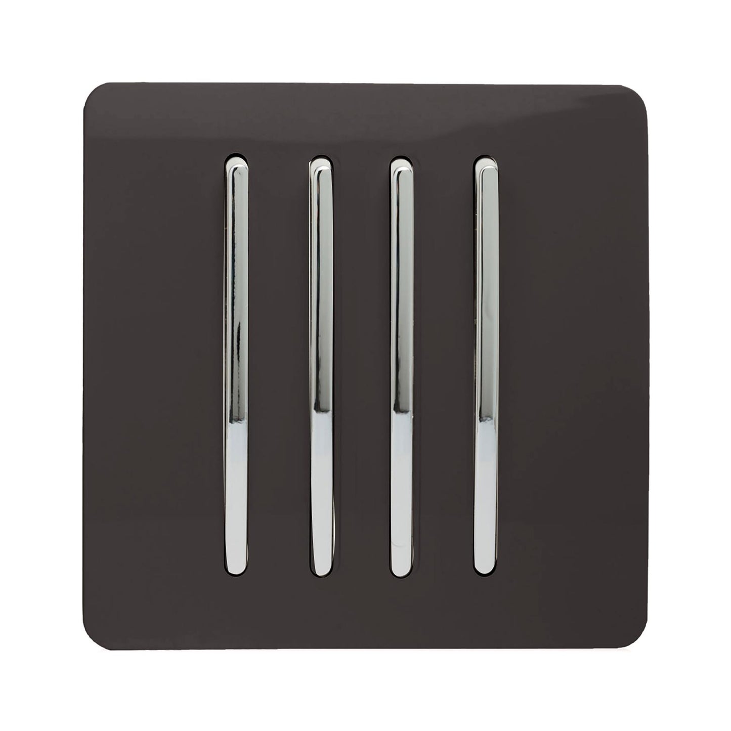 Trendi 4 Gang 2 way 240V Screwless Raised Front Plate Plastic Artistic Modern Glossy 10 Amp Chrome Rocker Quad Electrical Wall Light Switch in Dark Mocha Brown