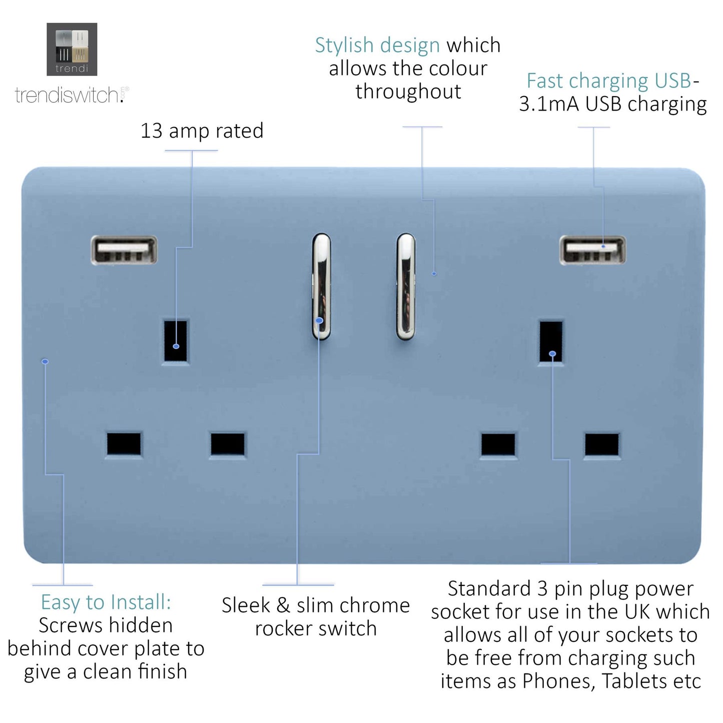 Trendi 2 Gang Artistic Modern Glossy 13 Amp 2 x 3.1mA USB Switched Plug Socket Sky