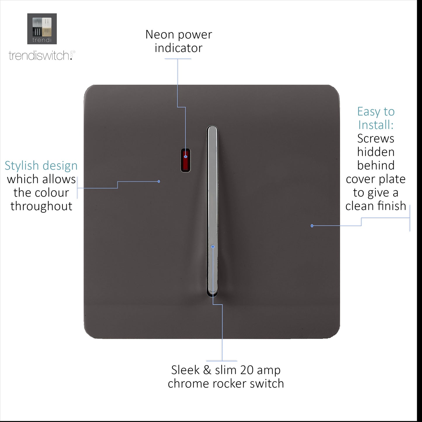 Trendi Artistic Modern Glossy 20 A Tactile Light Switch & Neon Insert Dark Brown