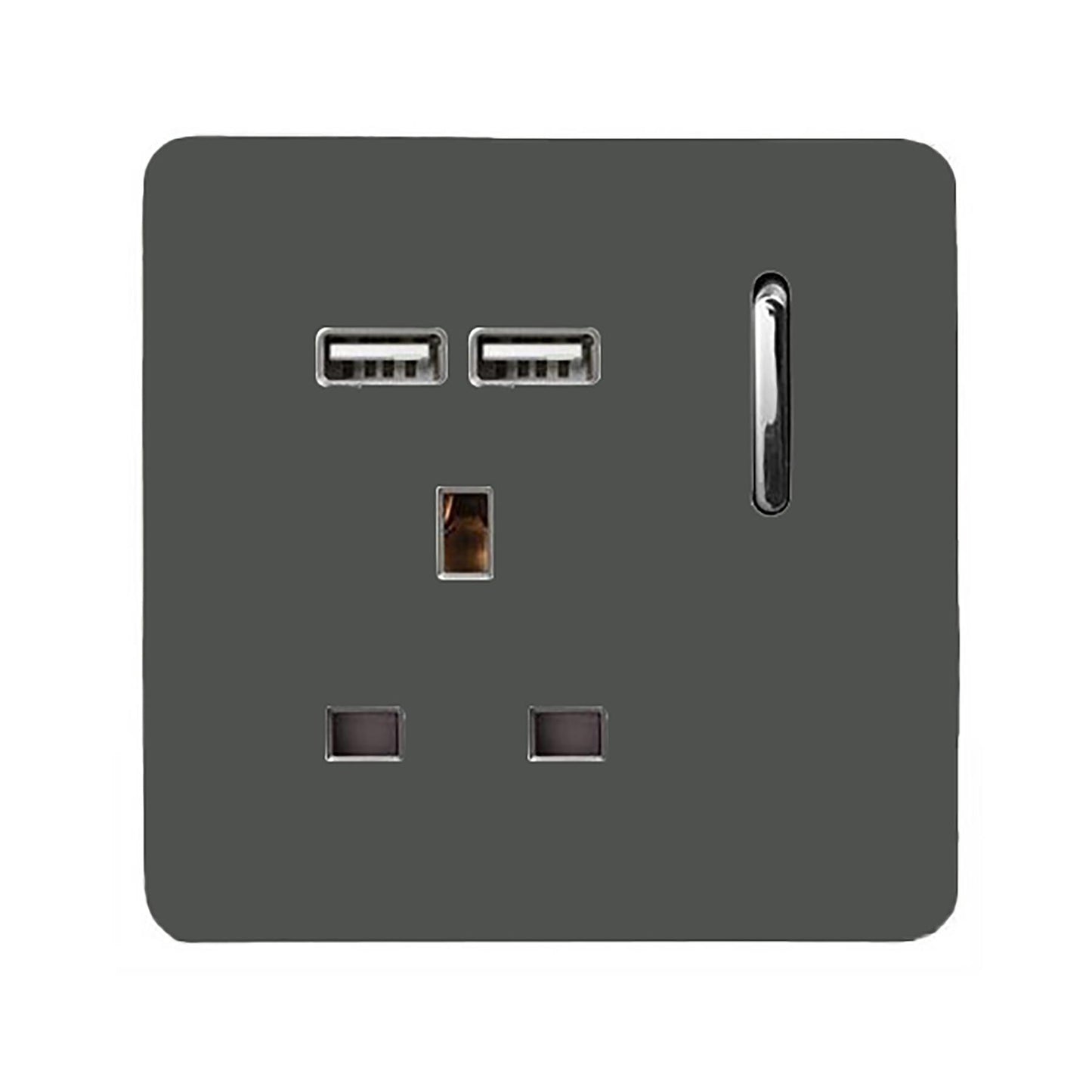 Trendi 1 Gang Single Switched Screwless Artistic Modern Glossy 13 Amp 2x Type A 2.1A USB Charging Port 13A Wall Outlet Plug Socket in Charcoal Grey