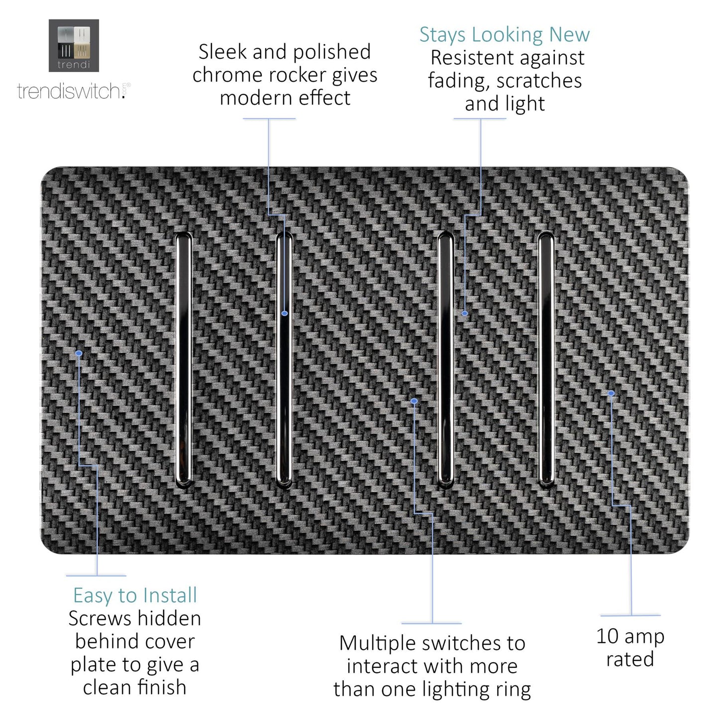 Trendi 4 Gang 2 way 240V Screwless Raised Front Twin Plate Plastic Artistic Modern Glossy 10 Amp Chrome Rocker Quad Electrical Wall Light Switch in Carbon Fibre - ART-SS44CF