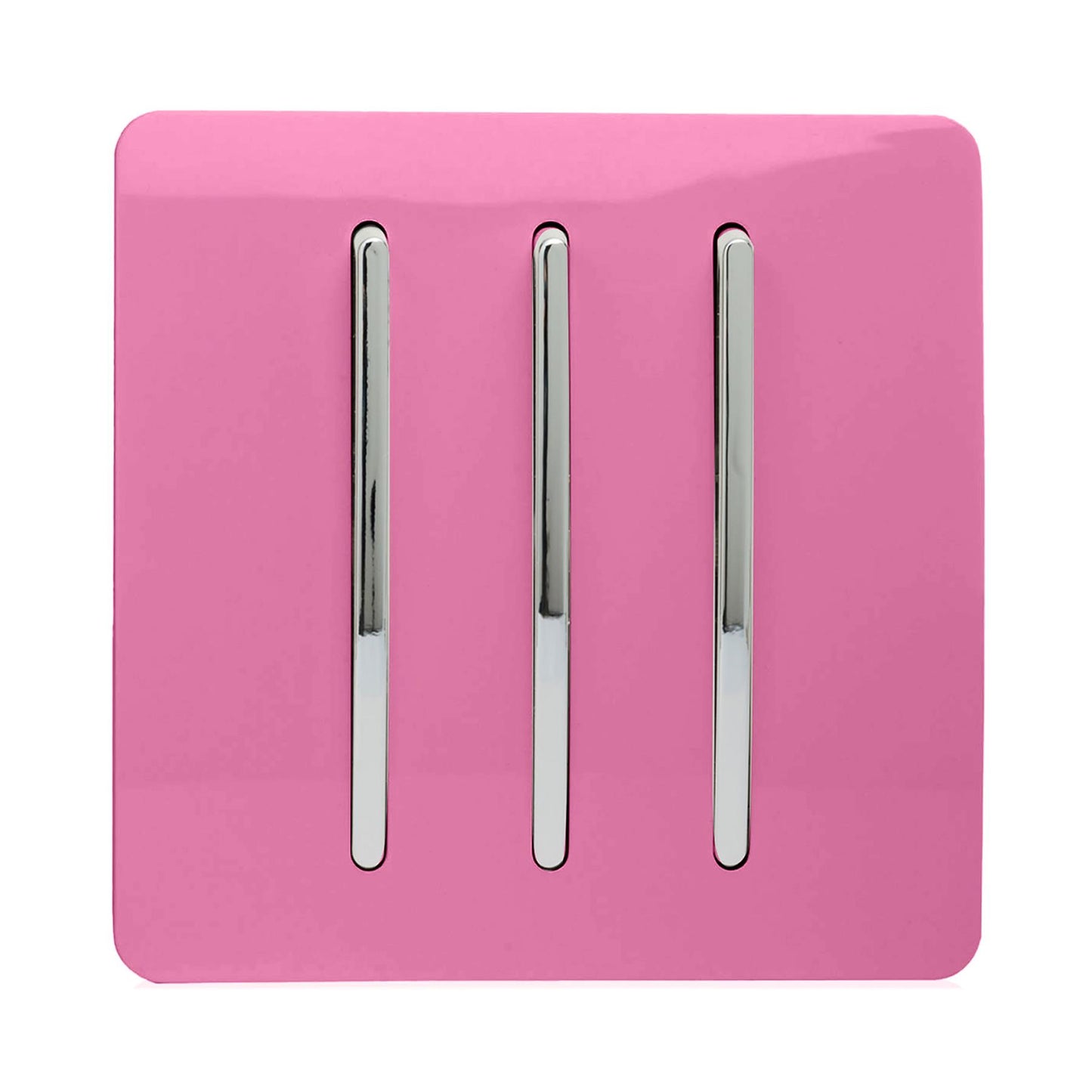 Trendi 3 Gang 2 way 240V Screwless Raised Front Plate Plastic Artistic Modern Glossy 10 Amp Chrome Rocker Triple Electrical Wall Light Switch in Candy Pink