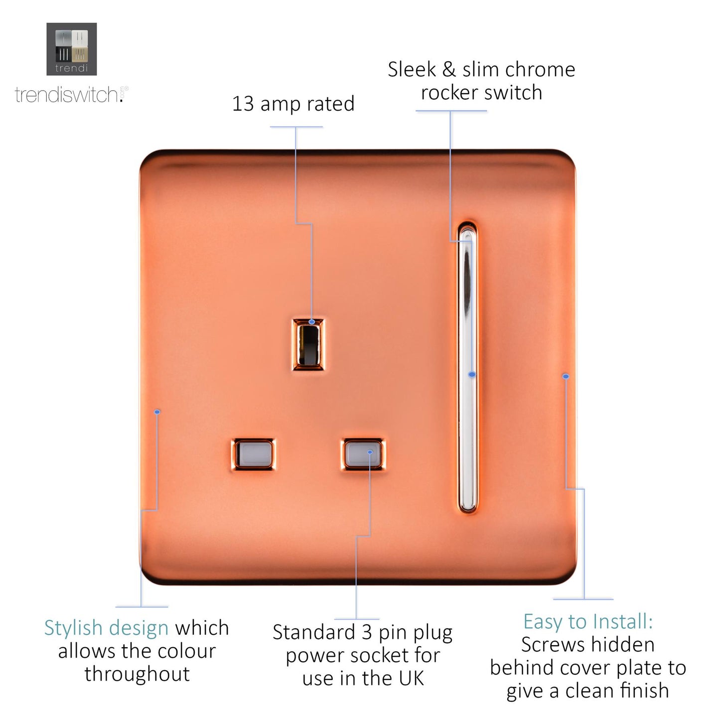 Trendi 1 Gang Artistic Modern Glossy 13 Amp Switched Tactile Plug Socket Copper