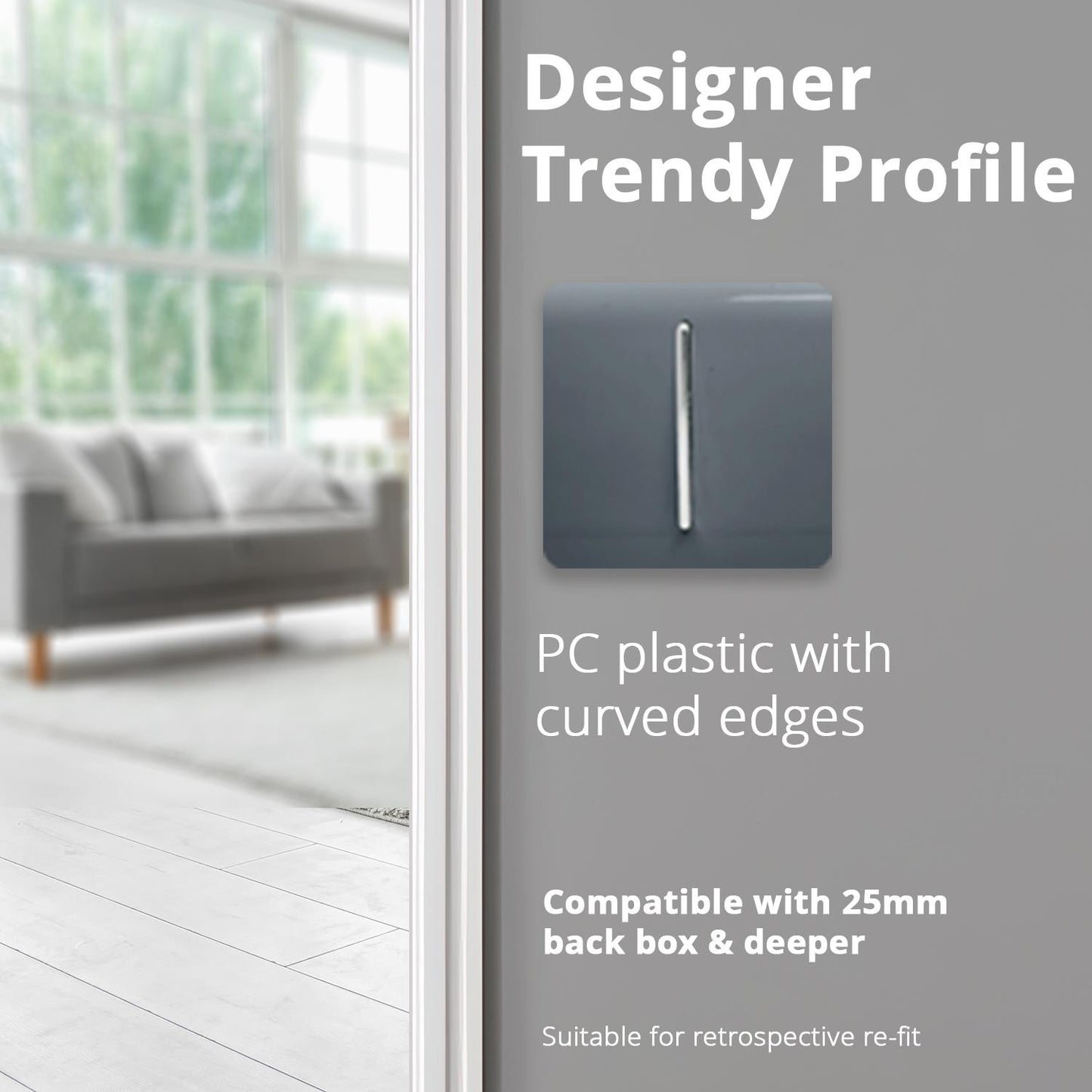 Trendi 1 Gang 2 Way 240V Screwless Raised Front Plate Plastic Artistic Modern Glossy 10 Amp Chrome Rocker Single Electrical Wall Light Switch Warm Grey - ART-SS2WG