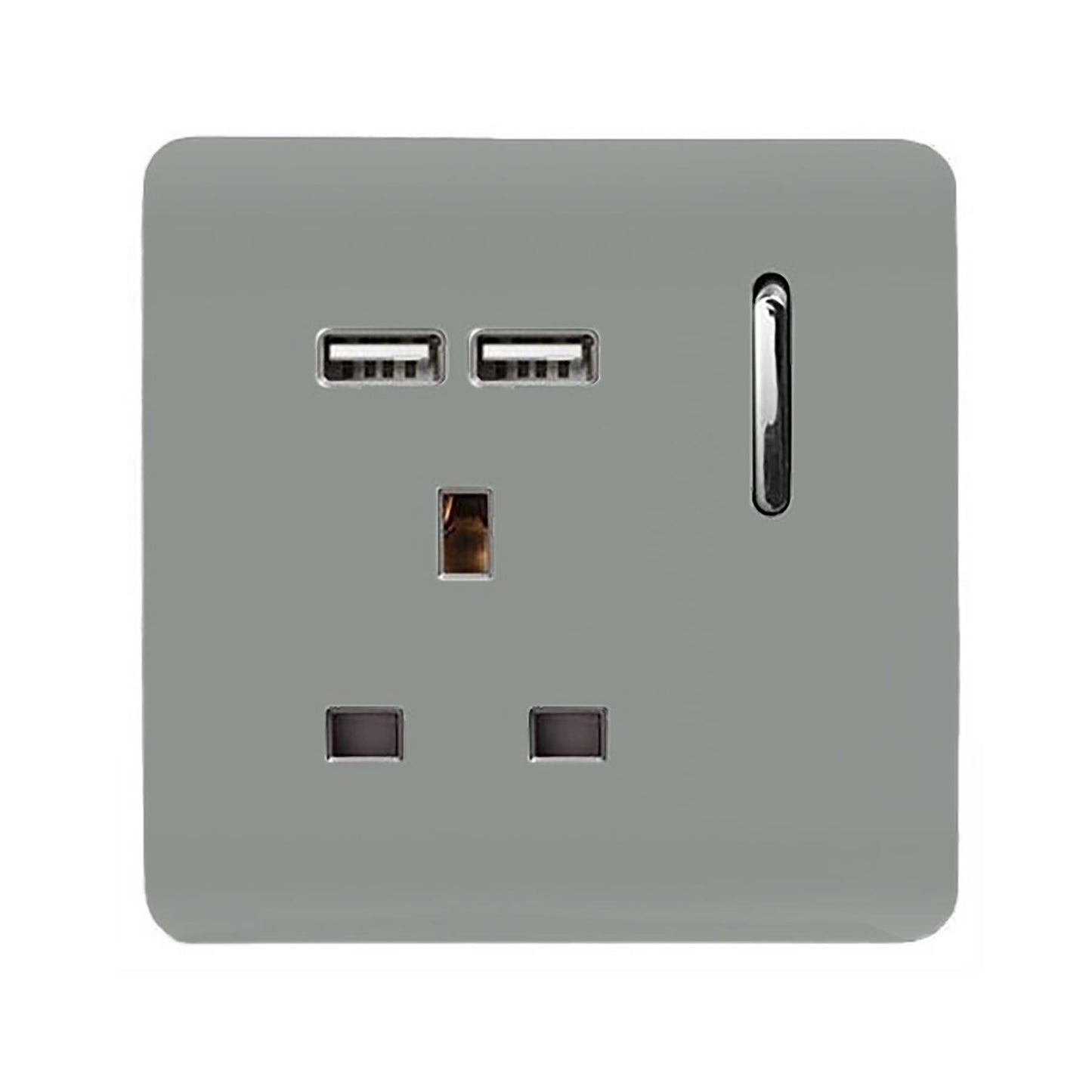 Trendi 1 Gang Single Switched Screwless Artistic Modern Glossy 13 Amp 2x Type A 2.1A USB Charging Port 13A Wall Outlet Plug Socket in Platinum Silver - ART-SKT13USBSI