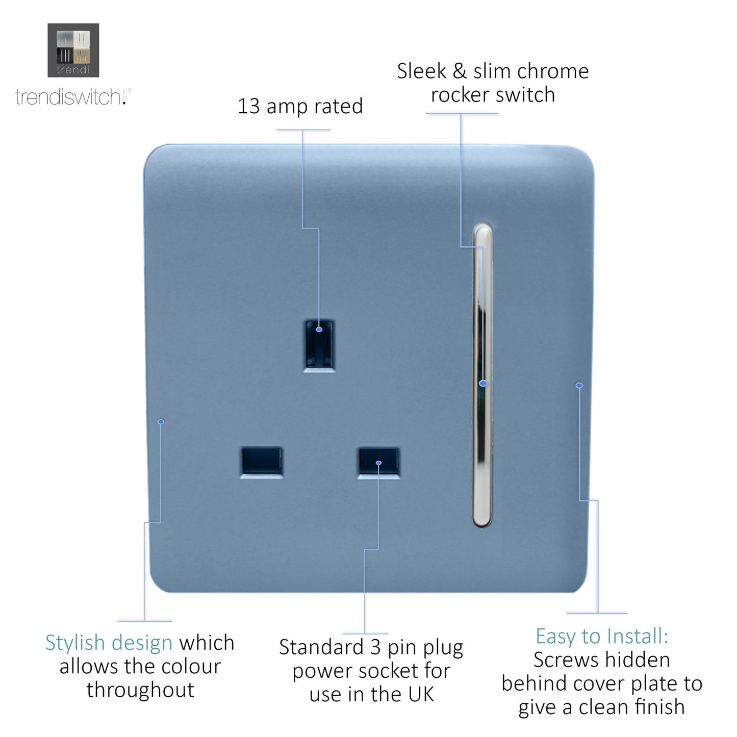 Trendi 1 Gang Raised Artistic Modern Glossy Screwless 13 Amp Single Pole with Chrome Switched UK Standard Electrical Double Wall Plug Socket in Sky Blue in ART-SKT13SK