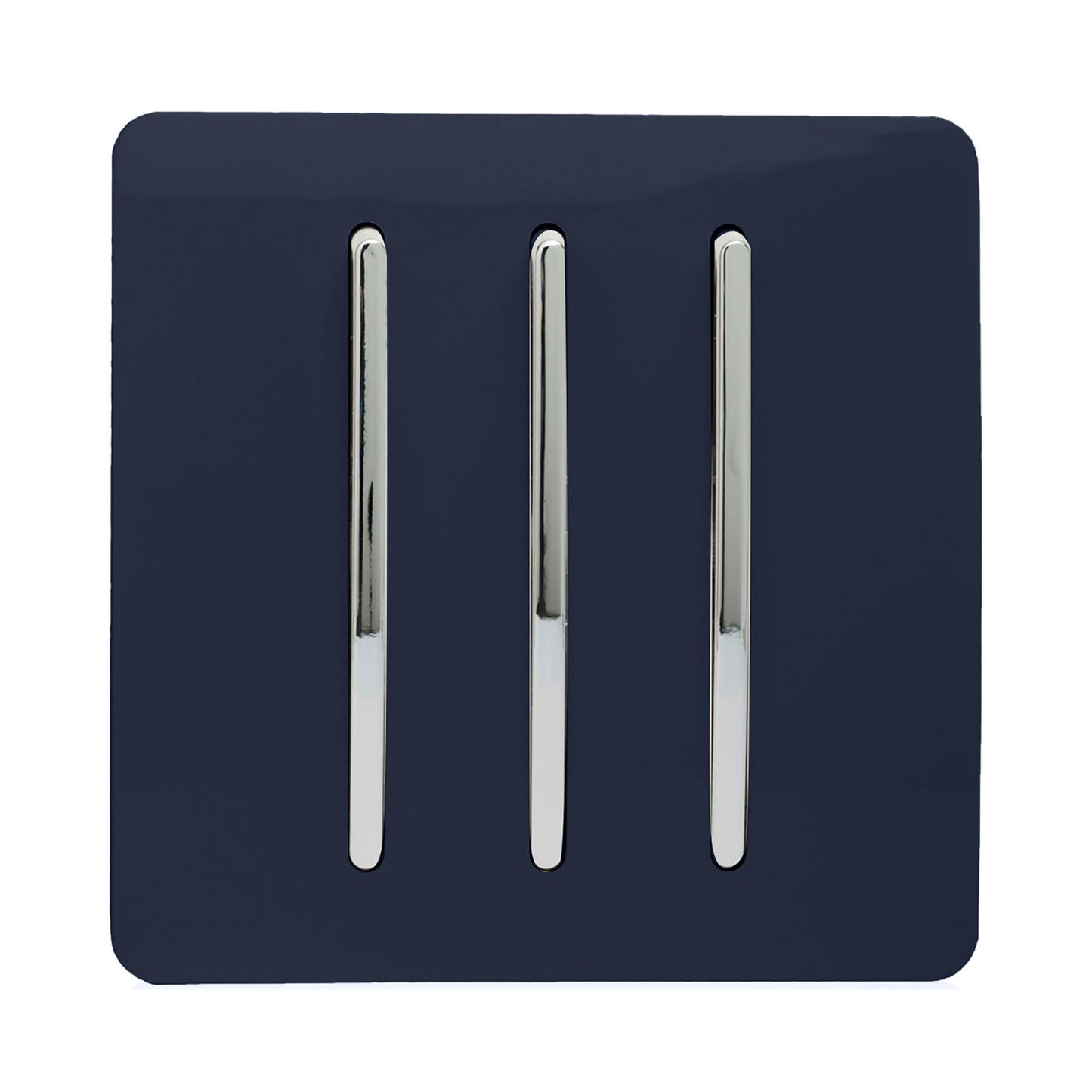 Trendi 3 Gang 2 way 240V Screwless Raised Front Plate Plastic Artistic Modern Glossy 10 Amp Chrome Rocker Triple Electrical Wall Light Switch in Navy Blue