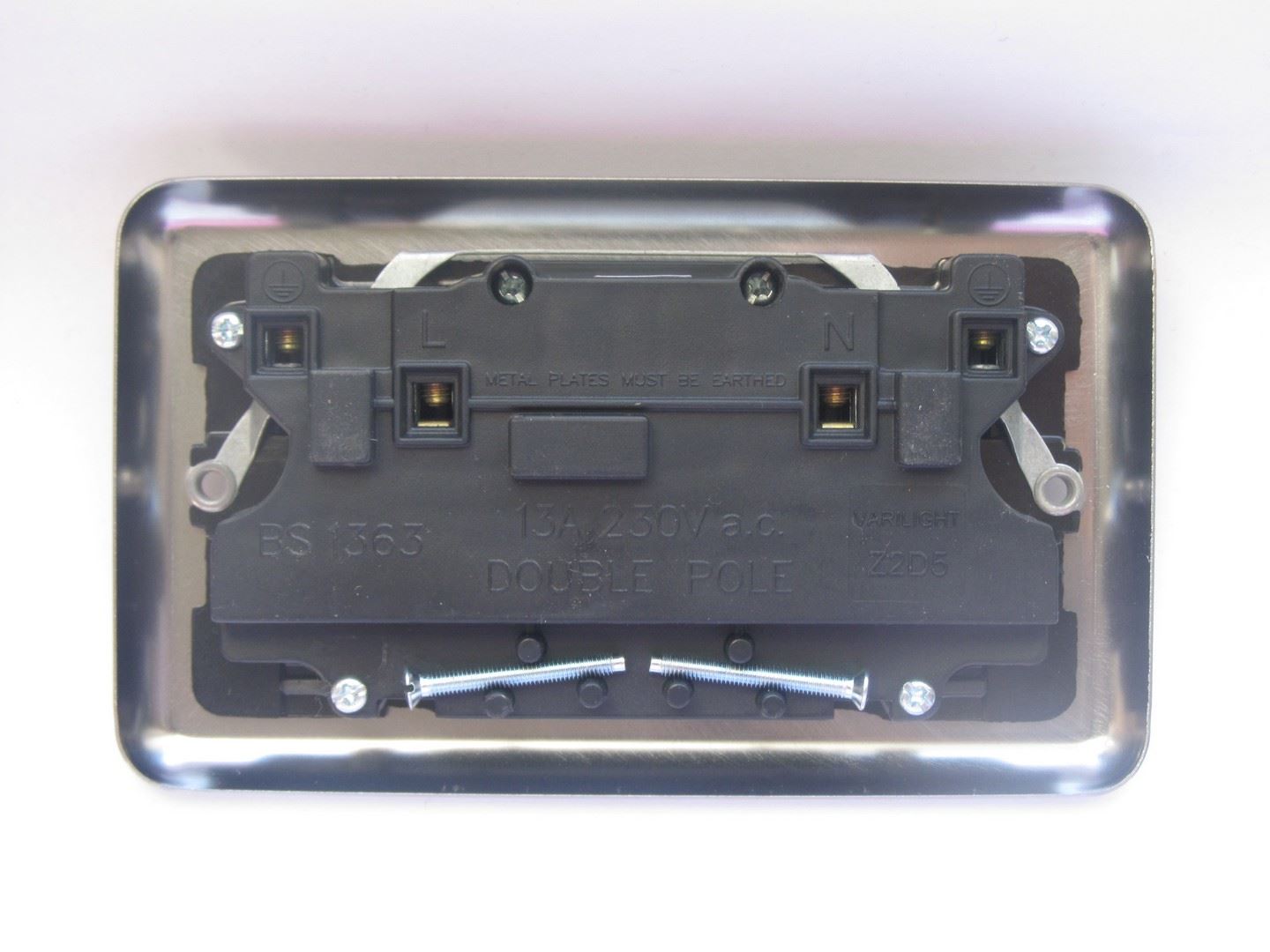 Varilight 2 Gang 13 Amp Switched Electrical Plug Socket Brushed Matt Chrome Black Insert XS5B