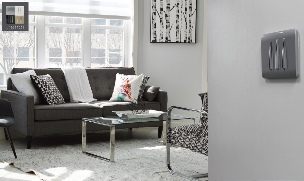 Trendi 3 Gang 2 way 240V Screwless Raised Front Plate Plastic Artistic Modern Glossy 10 Amp Chrome Rocker Triple Electrical Wall Light Switch in Platinum Silver