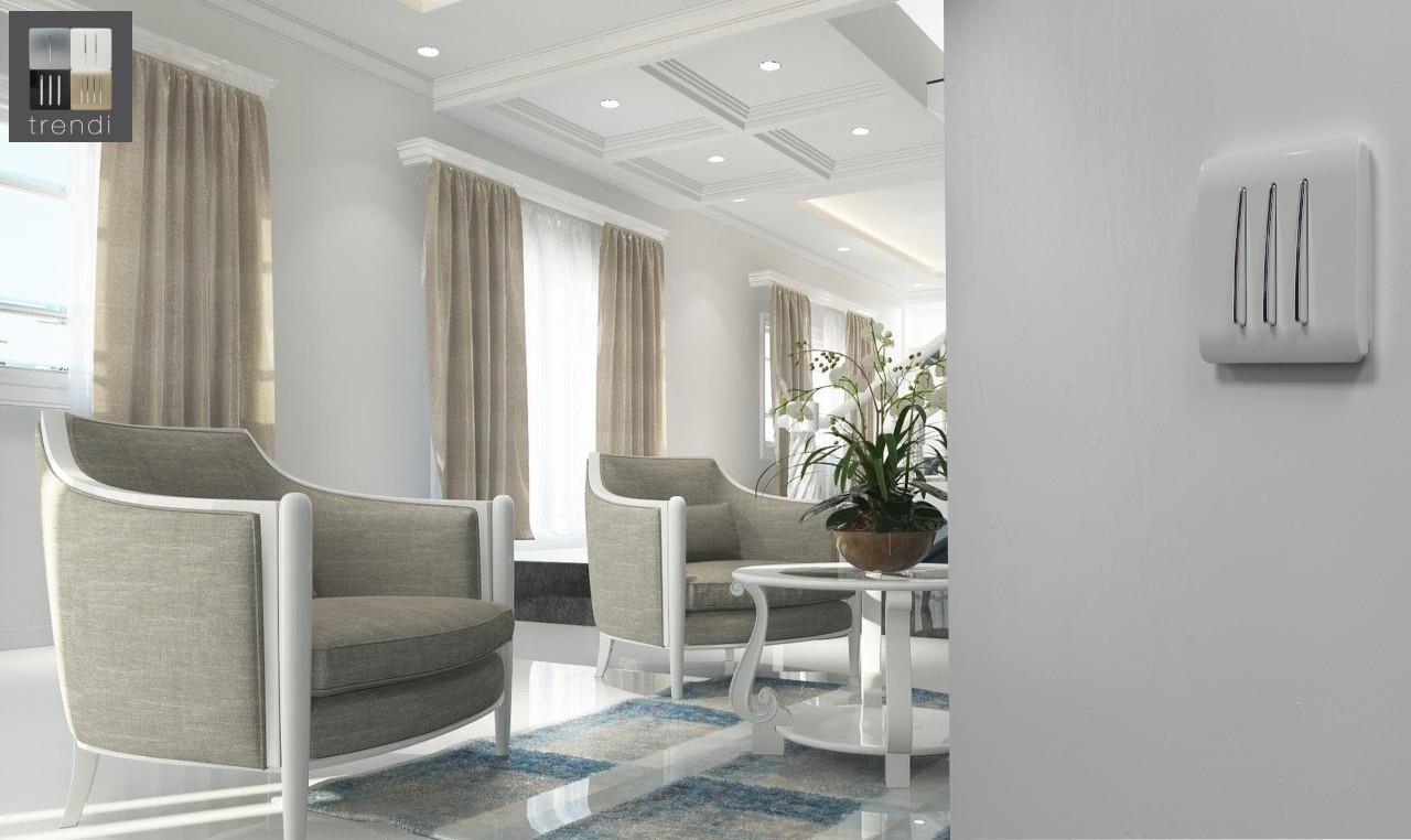 Trendi 3 Gang 2 way 240V Screwless Raised Front Plate Plastic Artistic Modern Glossy 10 Amp Chrome Rocker Triple Electrical Wall Light Switch in Ice White