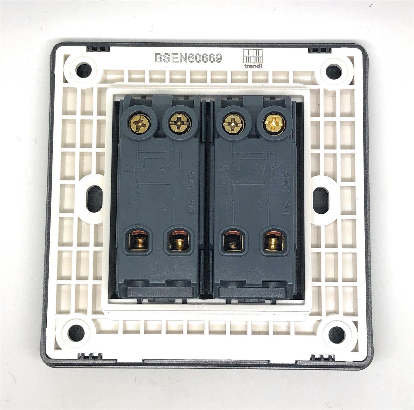 Trendi 2 Gang 3 way (Intermediate) 240V Screwless Raised Front Plate Plastic Artistic Modern Glossy 10 Amp Chrome Rocker Double Electrical Wall Light Switch in Carbon Fibre