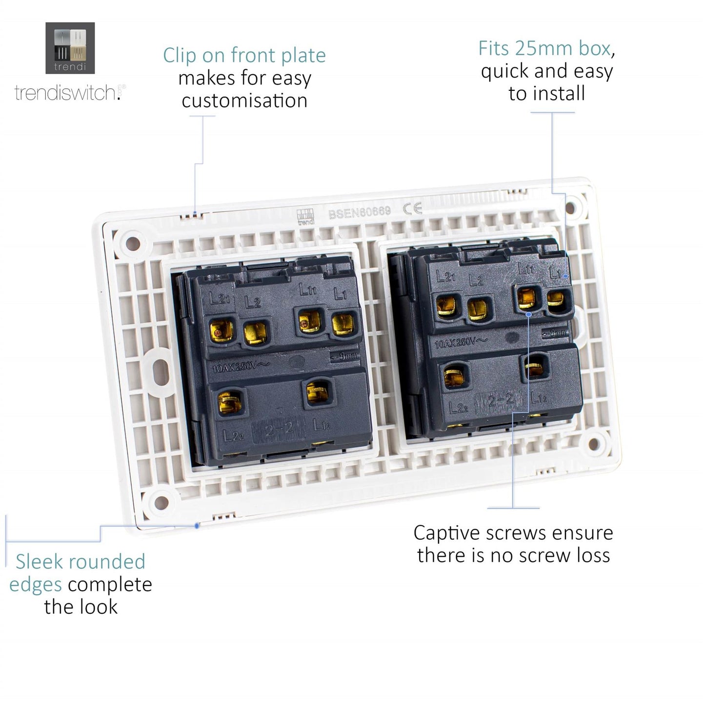 Trendi 4 Gang 2 way 240V Screwless Raised Front Twin Plate Plastic Artistic Modern Glossy 10 Amp Chrome Rocker Quad Electrical Wall Light Switch in Brushed Steel - ART-SS44BS