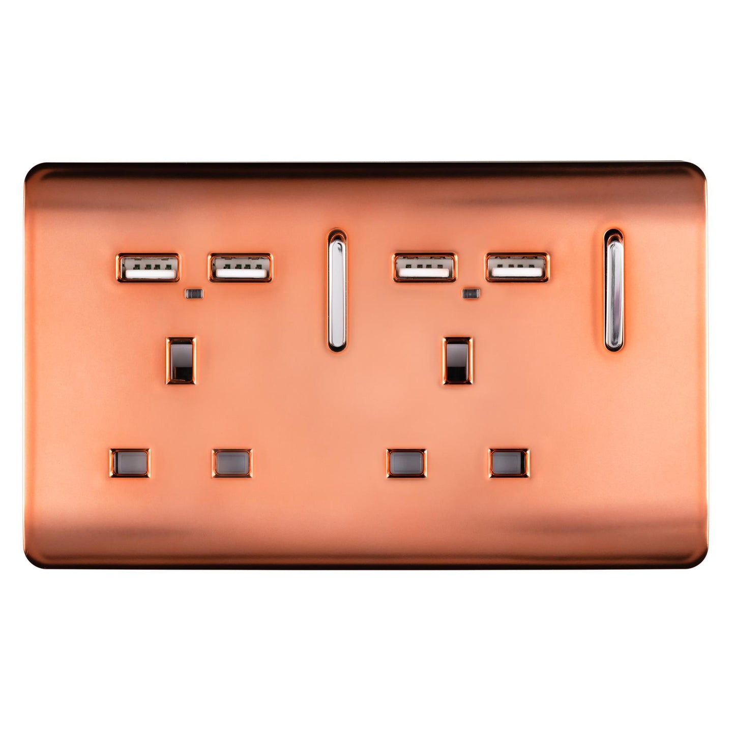 Trendi 2 Gang Artistic Modern Glossy 13 Amp 4x2.1mA USB Switched Tactile Plug Socket Copper