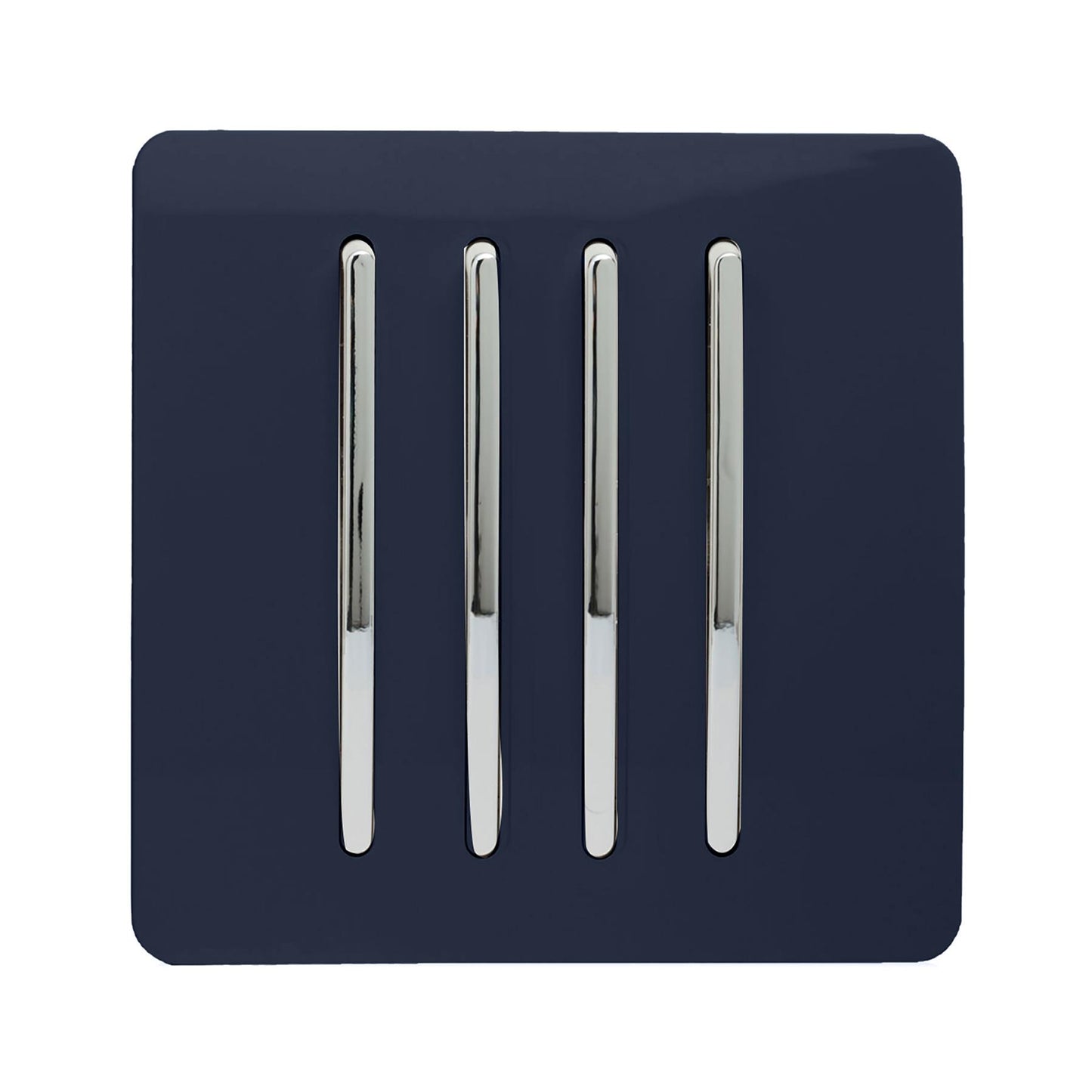 Trendi 4 Gang 2 way 240V Screwless Raised Front Plate Plastic Artistic Modern Glossy 10 Amp Chrome Rocker Quad Electrical Wall Light Switch in Navy Blue