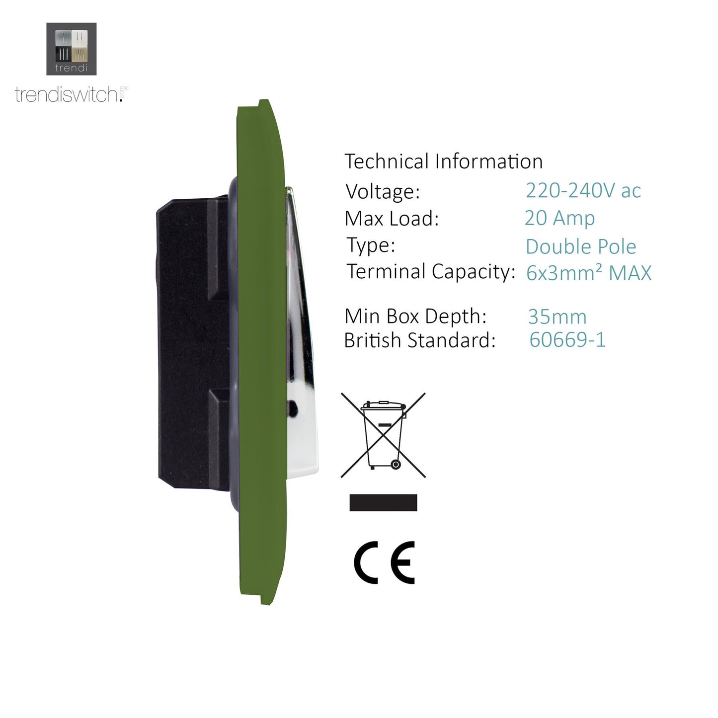 Trendi Artistic Modern Glossy 20 A Tactile Light Switch & Neon Insert Moss Green
