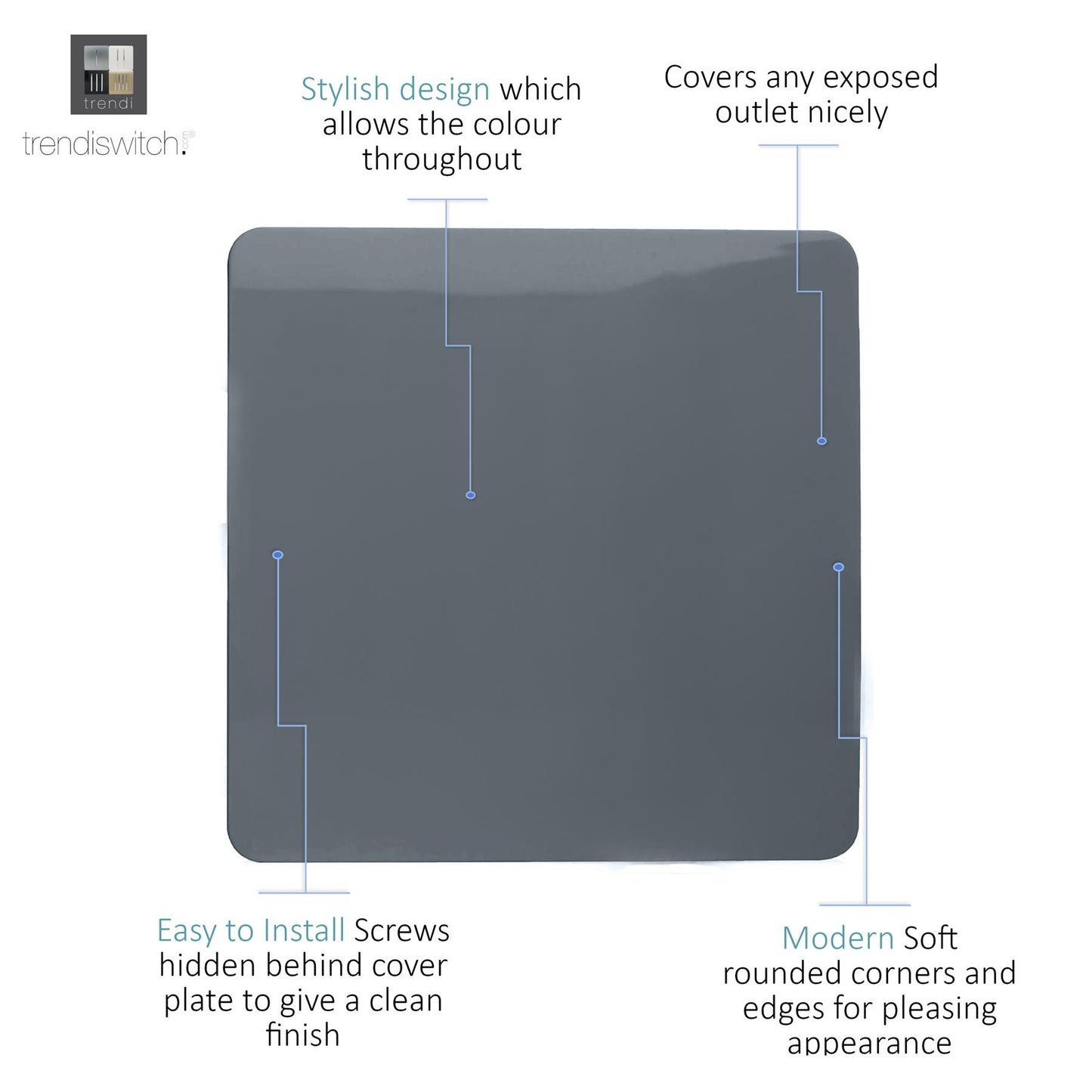 Trendi Switch Artistic Modern Glossy Decorative Screwless Standard Single Wall Blanking Plate for Electrical Sockets, Outlet with Screws in Warm Grey - ART-BLKWG