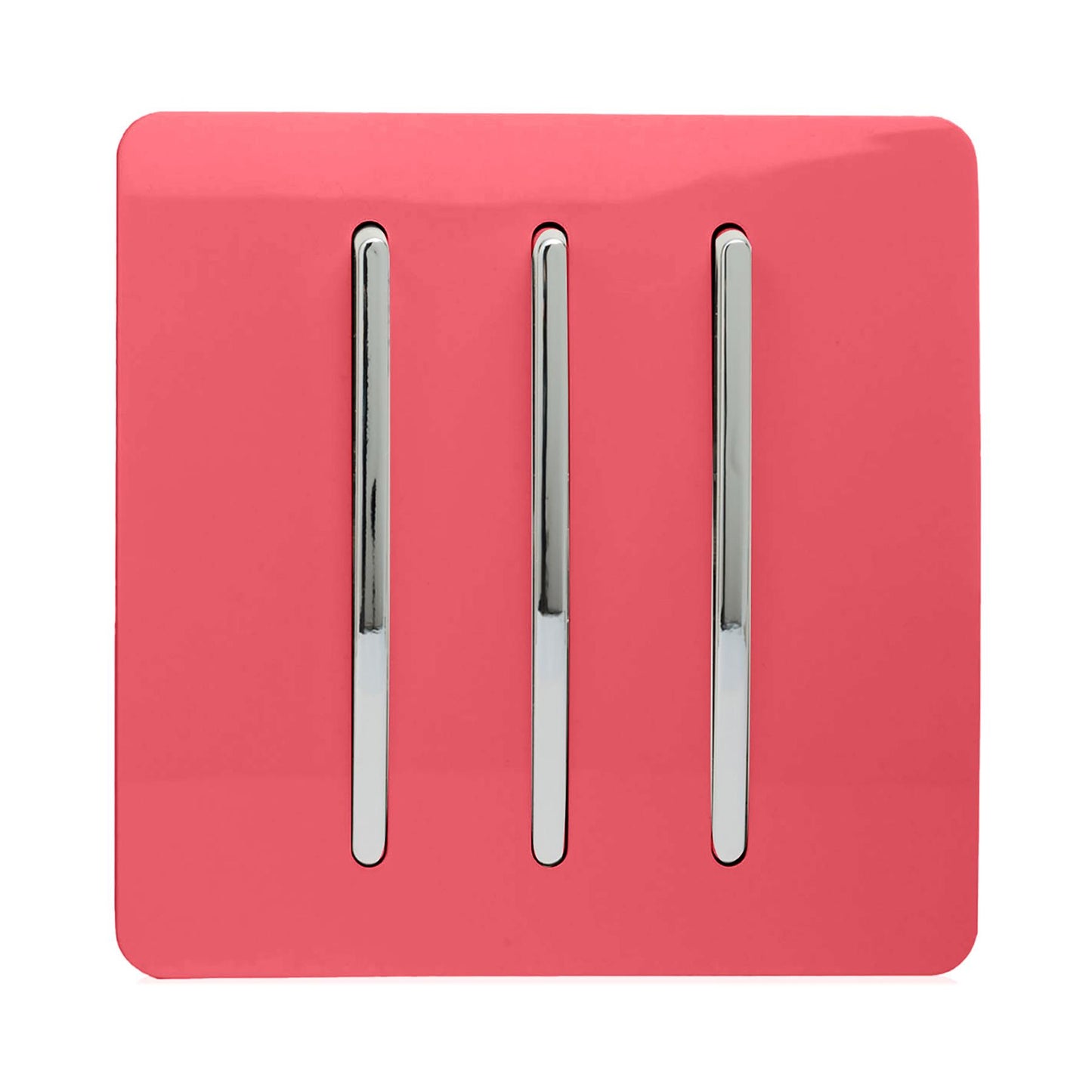 Trendi 3 Gang 2 way 240V Screwless Raised Front Plate Plastic Artistic Modern Glossy 10 Amp Chrome Rocker Triple Electrical Wall Light Switch in Strawberry Red
