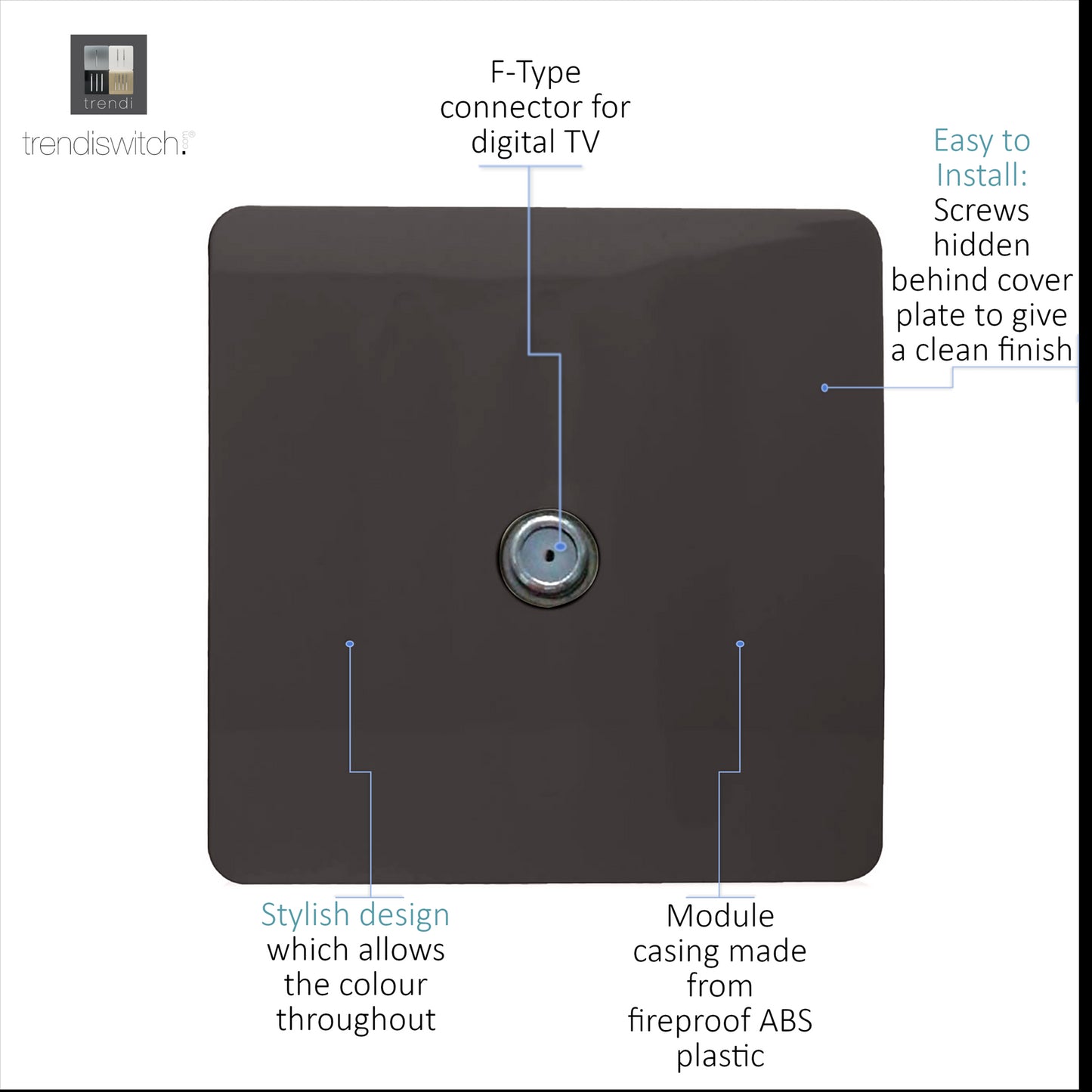 Trendi 1 Gang Artistic Modern Glossy Screwless Television Satellite Socket Dark Brown