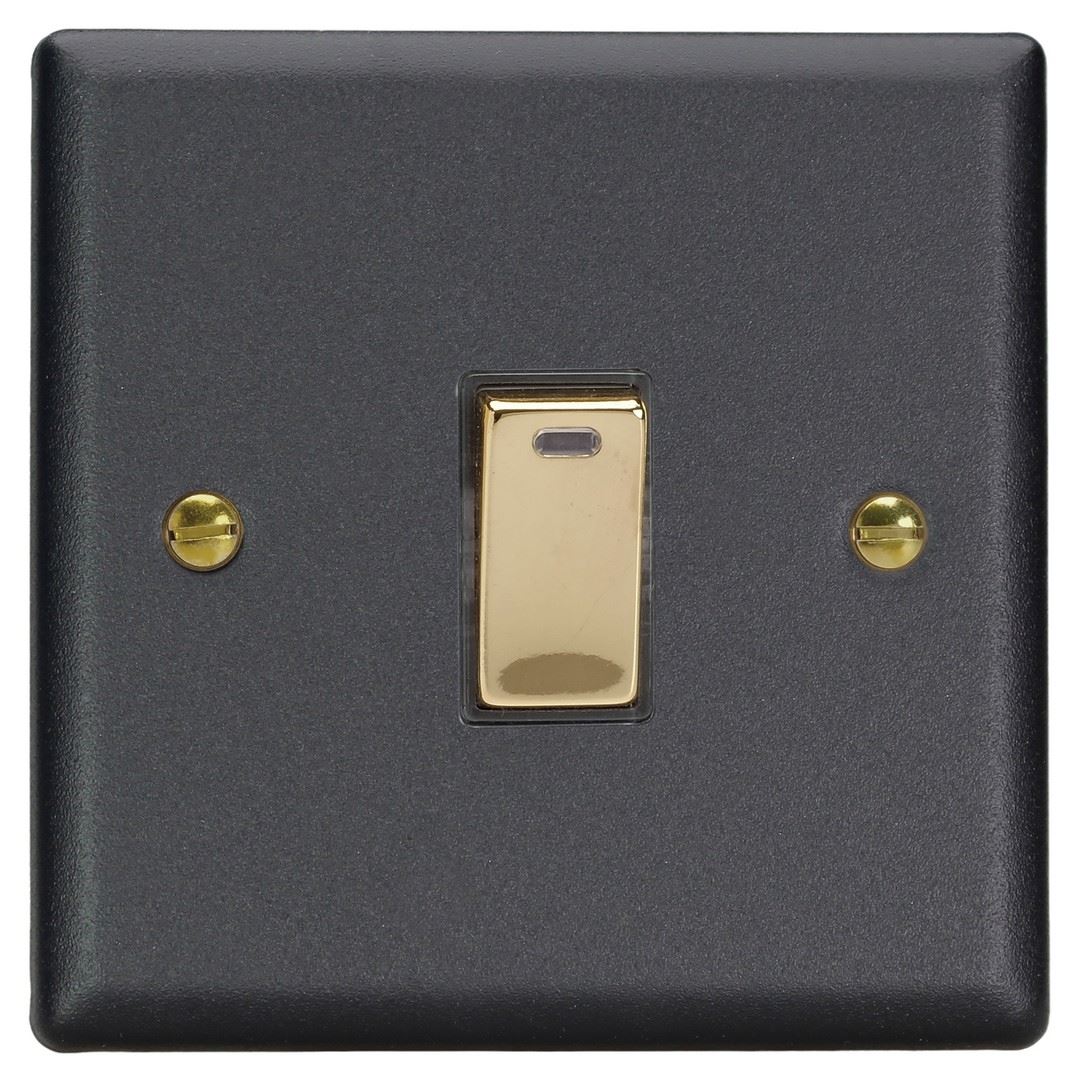 Varilight 1-Gang 20A Double Pole Rocker Switch + Neon Indicator Light in Vogue Matt Black w/ Polished Brass