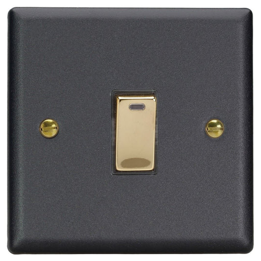Varilight 1-Gang 20A Double Pole Rocker Switch + Neon Indicator Light in Vogue Matt Black w/ Polished Brass