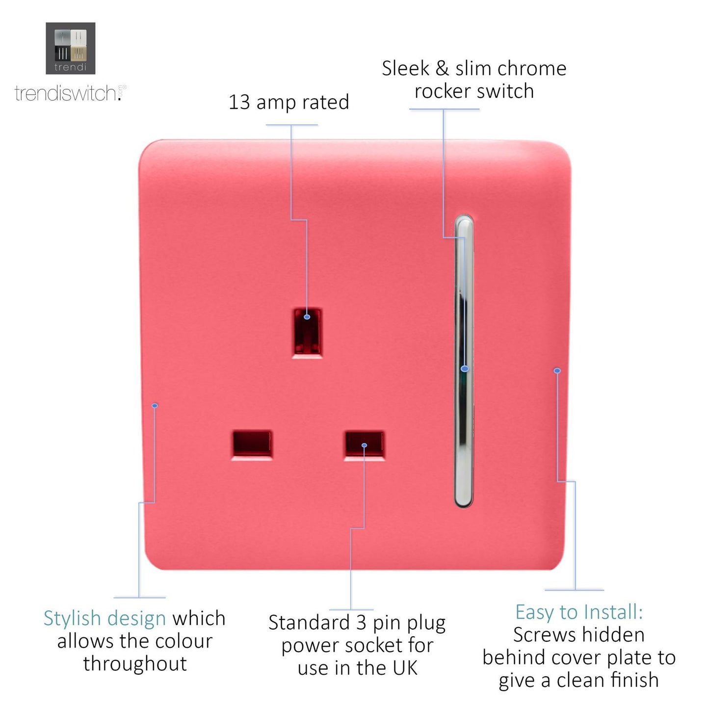 Trendi 1 Gang Artistic Modern Glossy 13 Amp Switched Tactile Plug Socket Strawberry