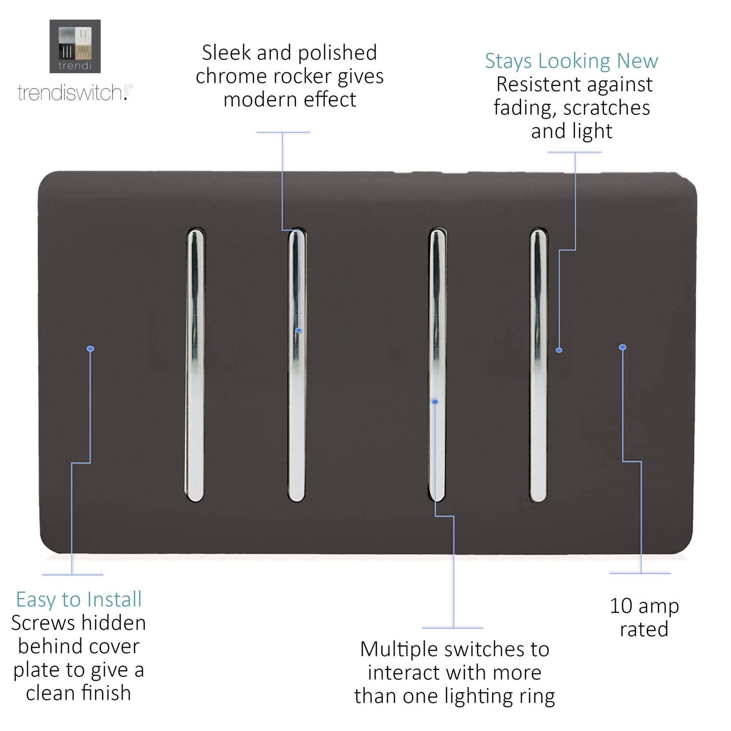 Trendi 4 Gang 2 way 240V Screwless Raised Front Twin Plate Plastic Artistic Modern Glossy 10 Amp Chrome Rocker Quad Electrical Wall Light Switch in Dark Mocha Brown - ART-SS44DB