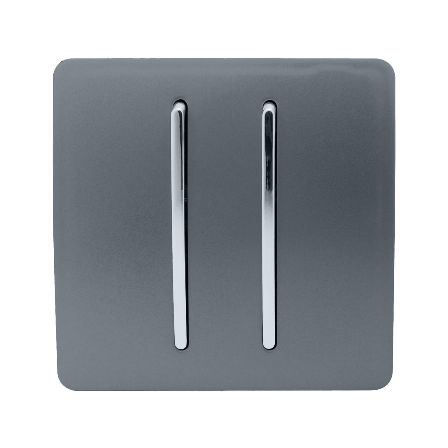 Trendi 2 Gang 3 way (Intermediate) 240V Screwless Raised Front Plate Plastic Artistic Modern Glossy 10 Amp Chrome Rocker Double Electrical Wall Light Switch in Warm Grey