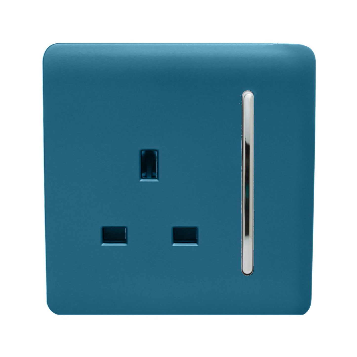 Trendi 1 Gang Raised Artistic Modern Glossy Screwless 13 Amp Single Pole with Chrome Switched UK Standard Electrical Double Wall Plug Socket in Ocean Blue in ART-SKT13OB
