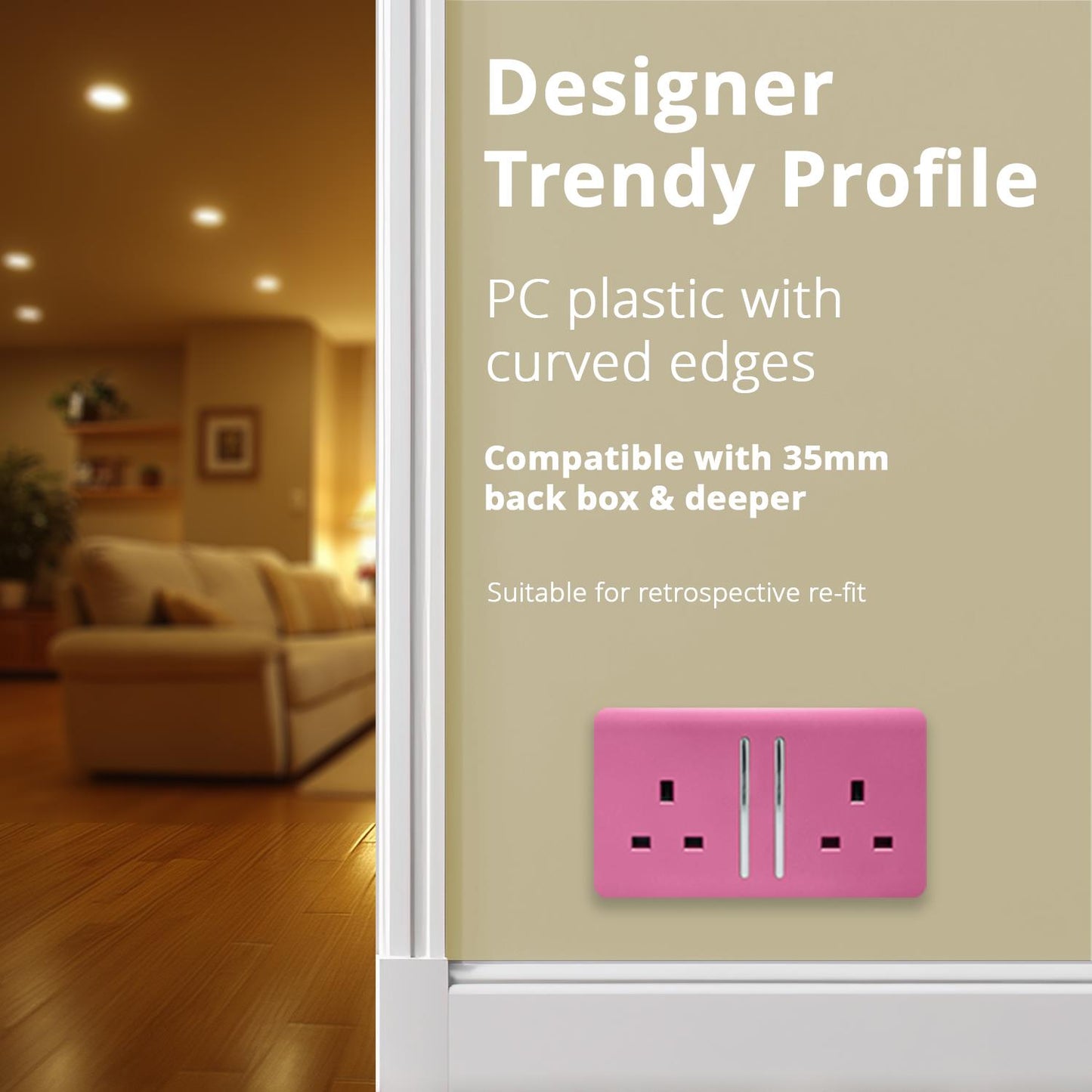Trendi 2 Gang Artistic Modern Glossy 13 Amp Switched Tactile Plug Socket Pink
