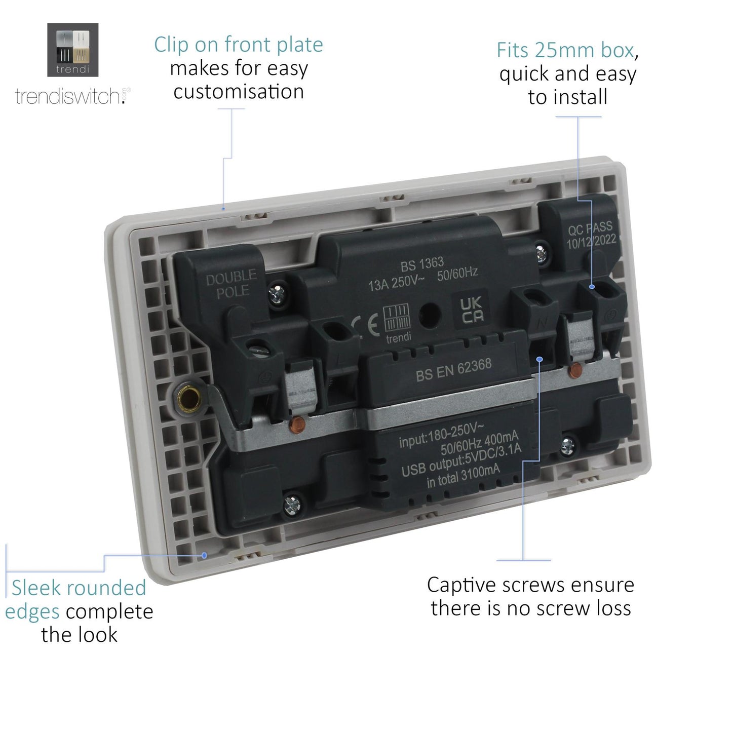 Trendi 2 Gang Artistic Modern Glossy 13 Amp 2 x Type A & C 3.1A USB Switched Plug Socket Sky Blue