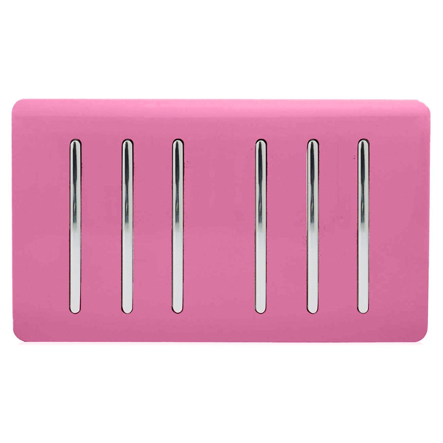 Trendi 6 Gang 2 way 240V Screwless Raised Front Twin Plate Plastic Artistic Modern Glossy 10 Amp Chrome Rocker Quad Electrical Wall Light Switch in Candy Pink- ART-SS66PK