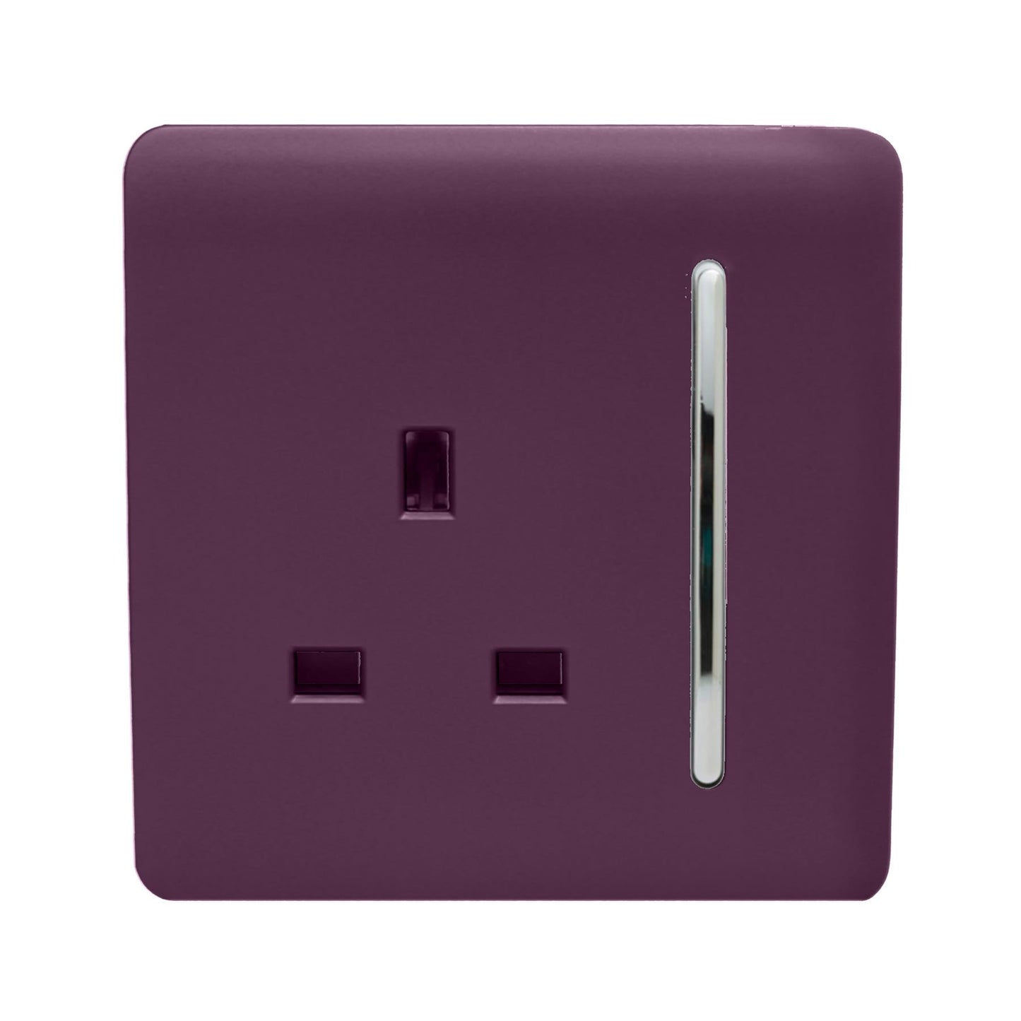 Trendi 1 Gang Raised Artistic Modern Glossy Screwless 13 Amp Single Pole with Chrome Switched UK Standard Electrical Double Wall Plug Socket in Plum Purple in ART-SKT13PL