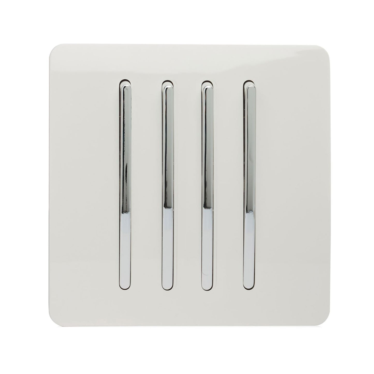 Trendi 4 Gang 2 way 240V Screwless Raised Front Plate Plastic Artistic Modern Glossy 10 Amp Chrome Rocker Quad Electrical Wall Light Switch in Ice White
