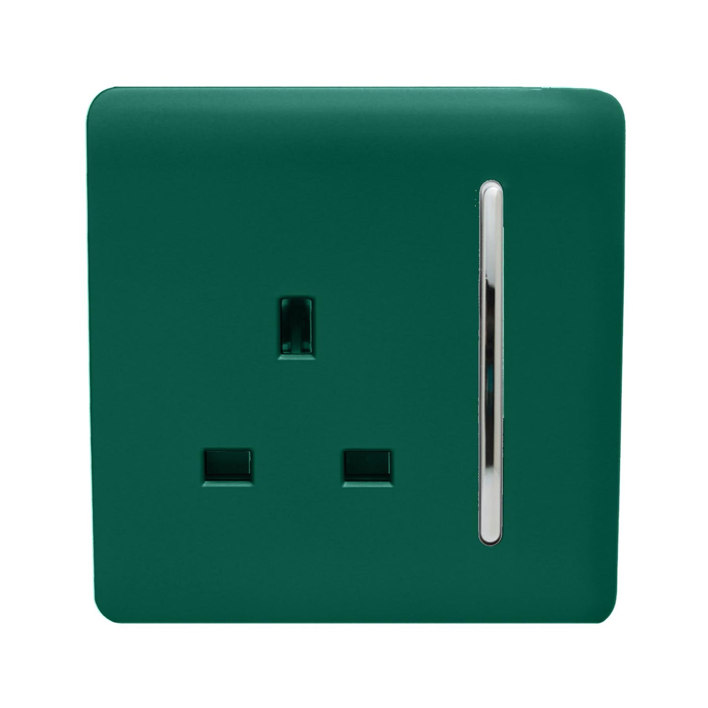 Trendi 1 Gang Raised Artistic Modern Glossy Screwless 13 Amp Single Pole with Chrome Switched UK Standard Electrical Double Wall Plug Socket in Dark Forest Green in ART-SKT13DG