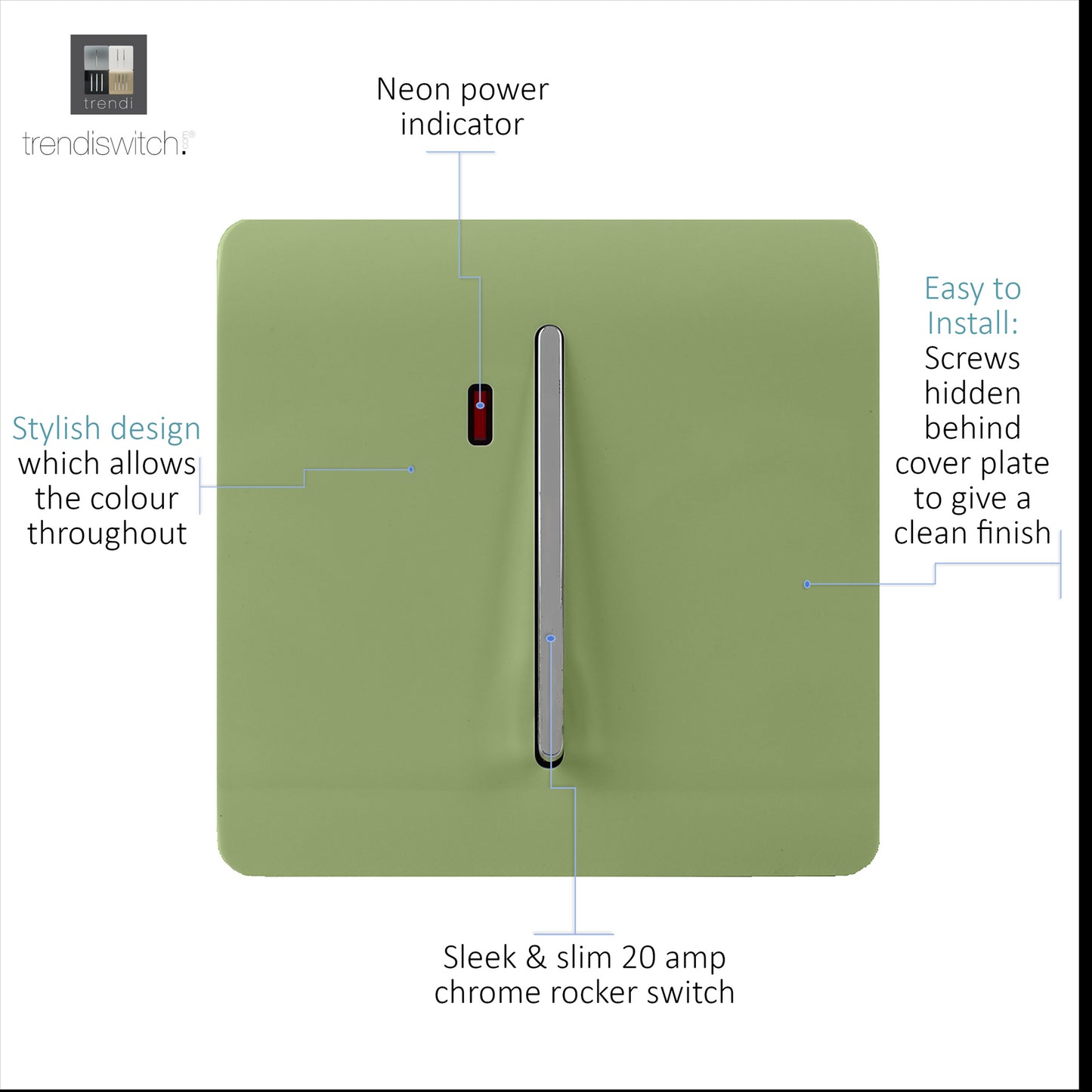 Trendi Artistic Modern Glossy 20 A Tactile Light Switch & Neon Insert Moss Green