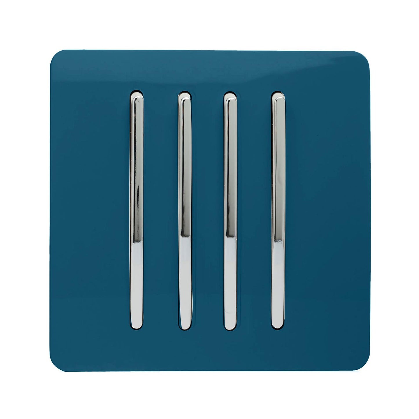 Trendi 4 Gang 2 way 240V Screwless Raised Front Plate Plastic Artistic Modern Glossy 10 Amp Chrome Rocker Quad Electrical Wall Light Switch in Midnight Blue