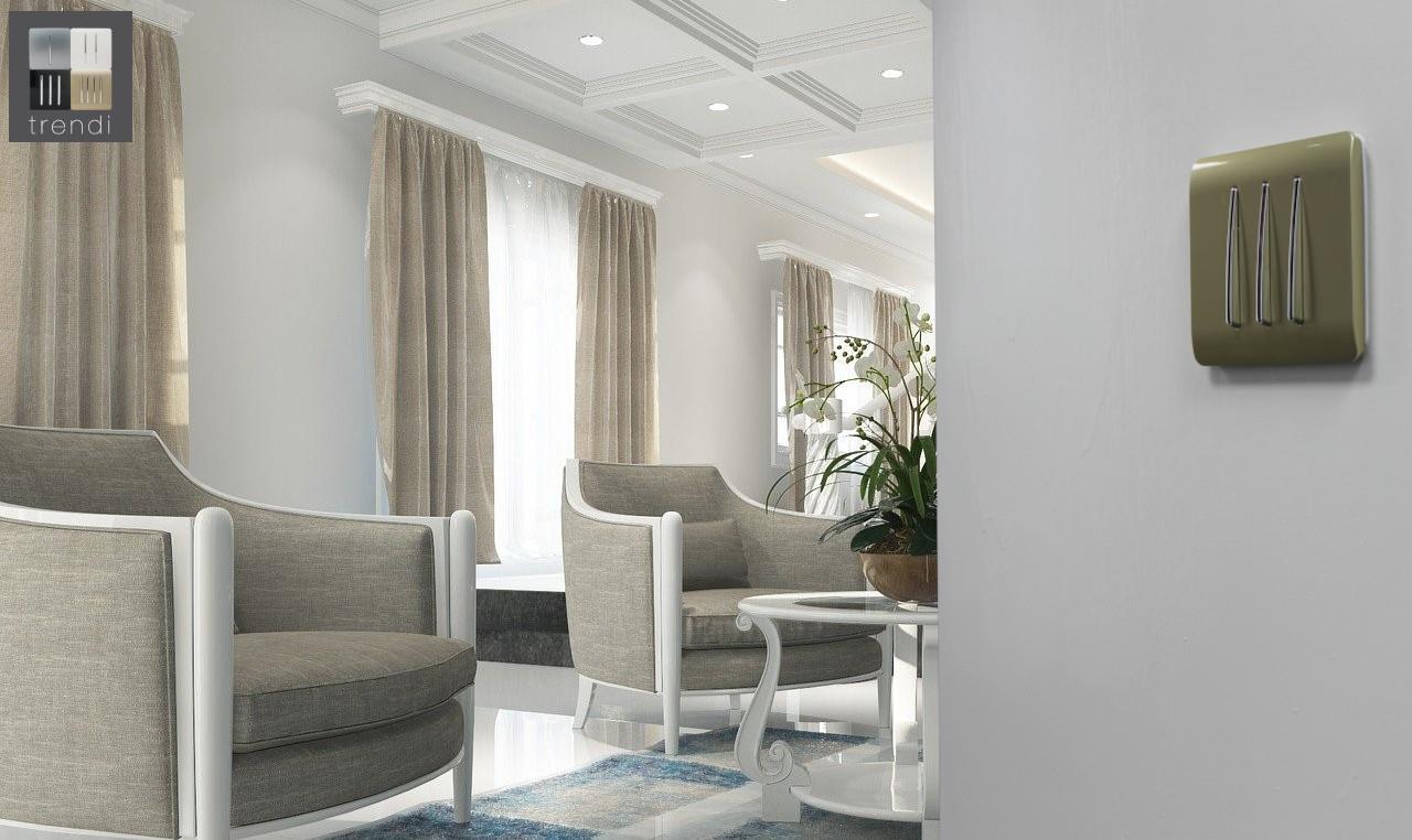 Trendi 3 Gang 2 way 240V Screwless Raised Front Plate Plastic Artistic Modern Glossy 10 Amp Chrome Rocker Triple Electrical Wall Light Switch in Champagne Gold