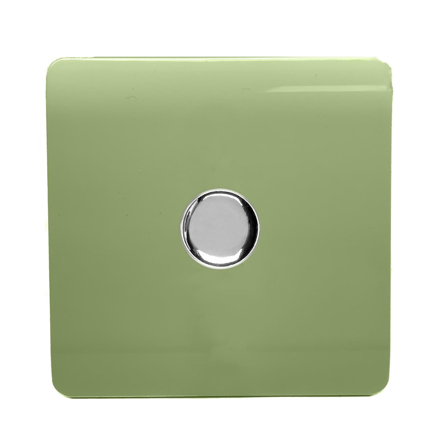 Trendi 1 Gang 2 Way 240V 150w LED Dimmer Screwless Raised Front Plate Plastic Artistic Modern Glossy 10 Amp Chrome Single Electrical Wall Light Switch in Moss Green - ART-LDMMG