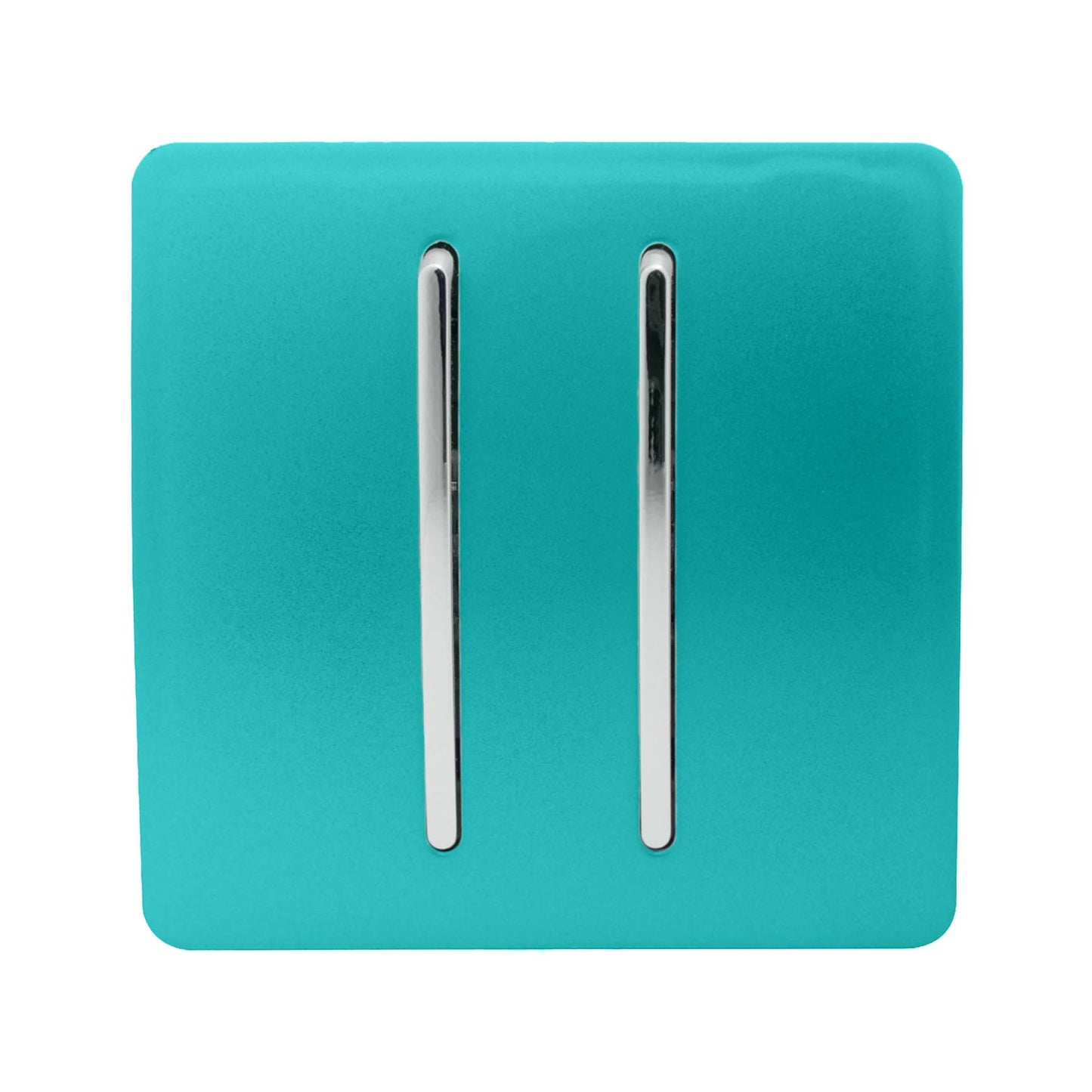 Trendi 2 Gang 3 way (Intermediate) 240V Screwless Raised Front Plate Plastic Artistic Modern Glossy 10 Amp Chrome Rocker Double Electrical Wall Light Switch in Bright Teal