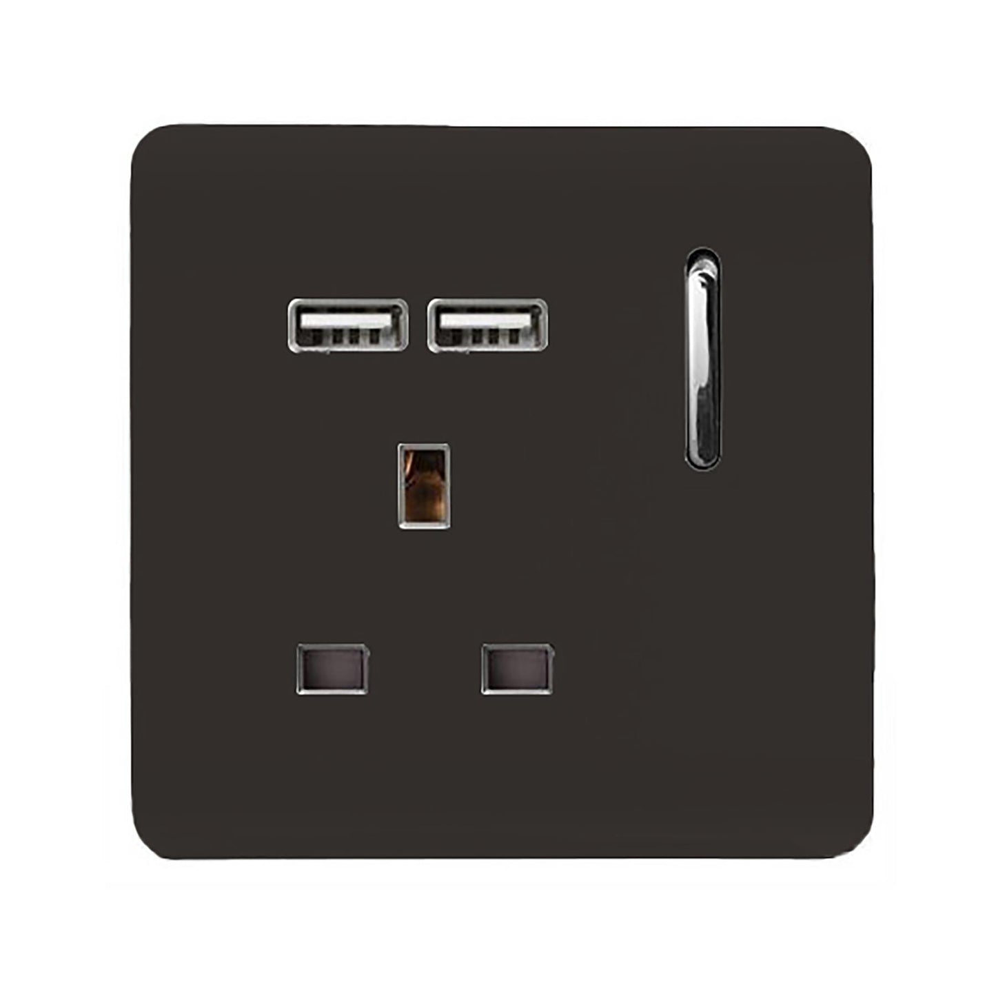 Trendi 1 Gang Single Switched Screwless Artistic Modern Glossy 13 Amp 2x Type A 2.1A USB Charging Port 13A Wall Outlet Plug Socket in Dark Mocha Brown - ART-SKT13USBDB
