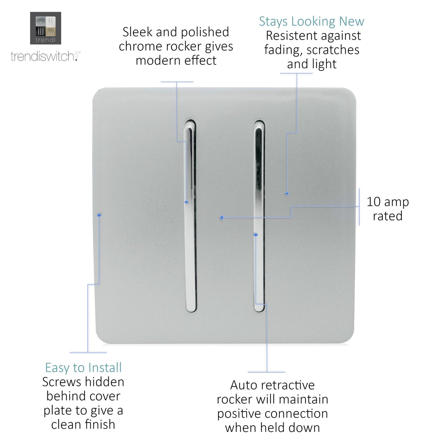 Trendi Artistic Modern Auto Retractive 2 Door Bell Switch Silver ART-2DBSI