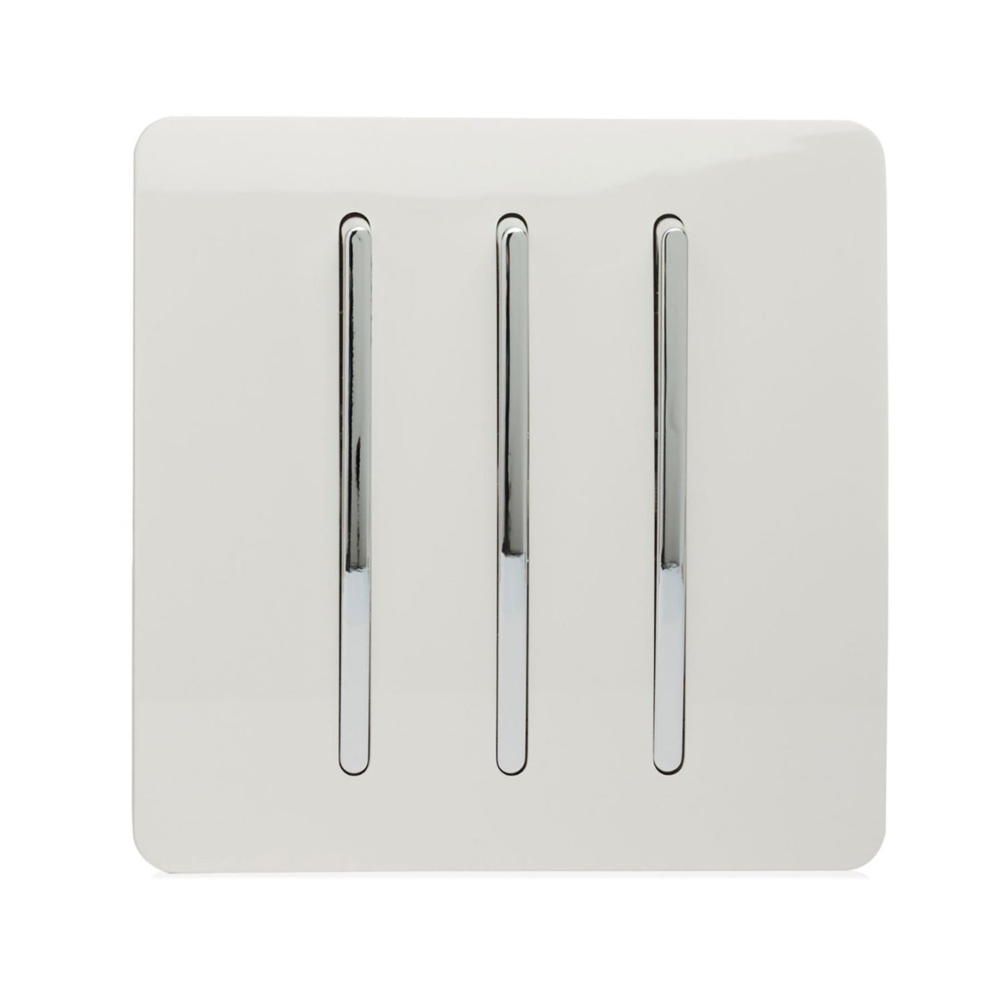 Trendi 3 Gang 2 way 240V Screwless Raised Front Plate Plastic Artistic Modern Glossy 10 Amp Chrome Rocker Triple Electrical Wall Light Switch in Ice White