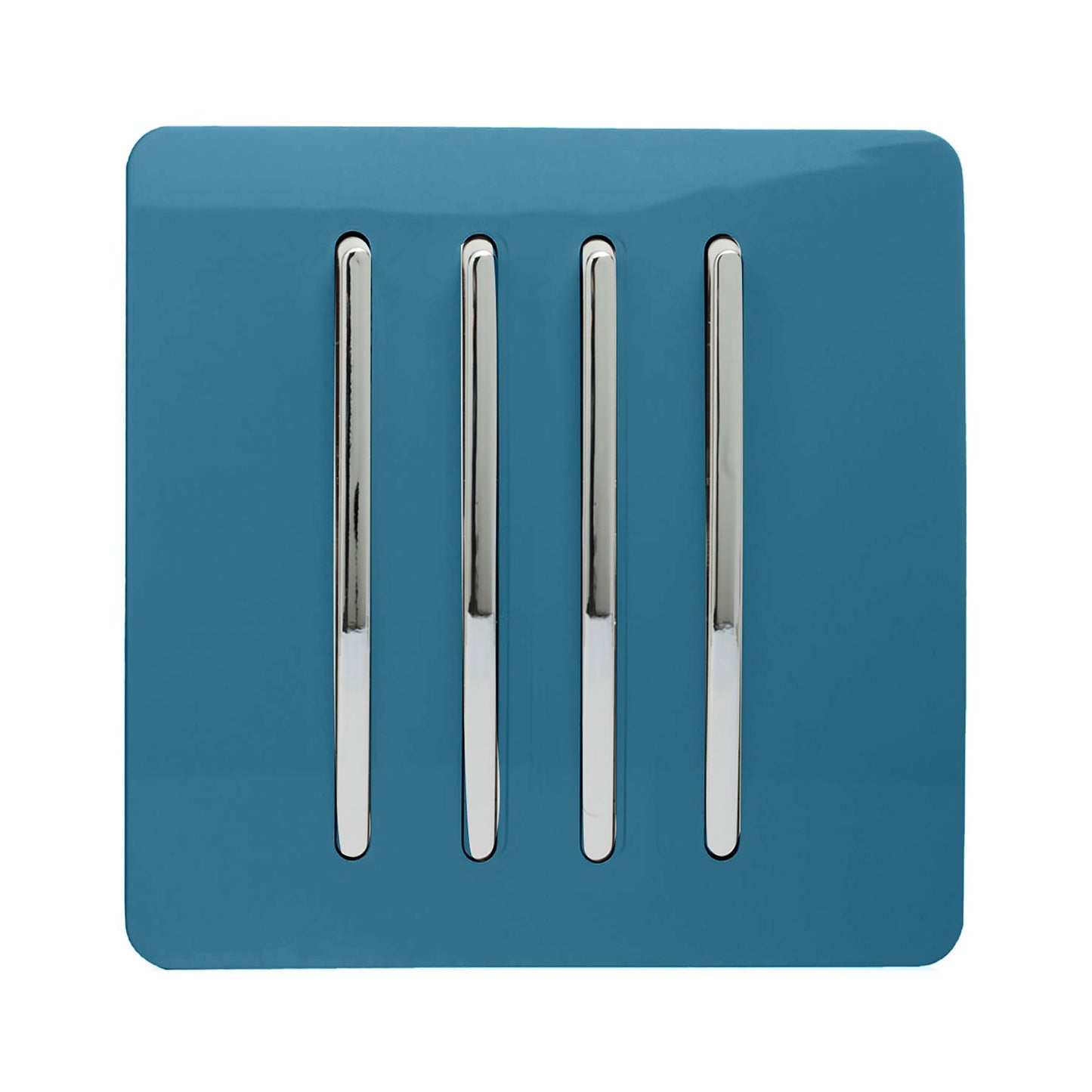Trendi 4 Gang 2 way 240V Screwless Raised Front Plate Plastic Artistic Modern Glossy 10 Amp Chrome Rocker Quad Electrical Wall Light Switch in Ocean Blue