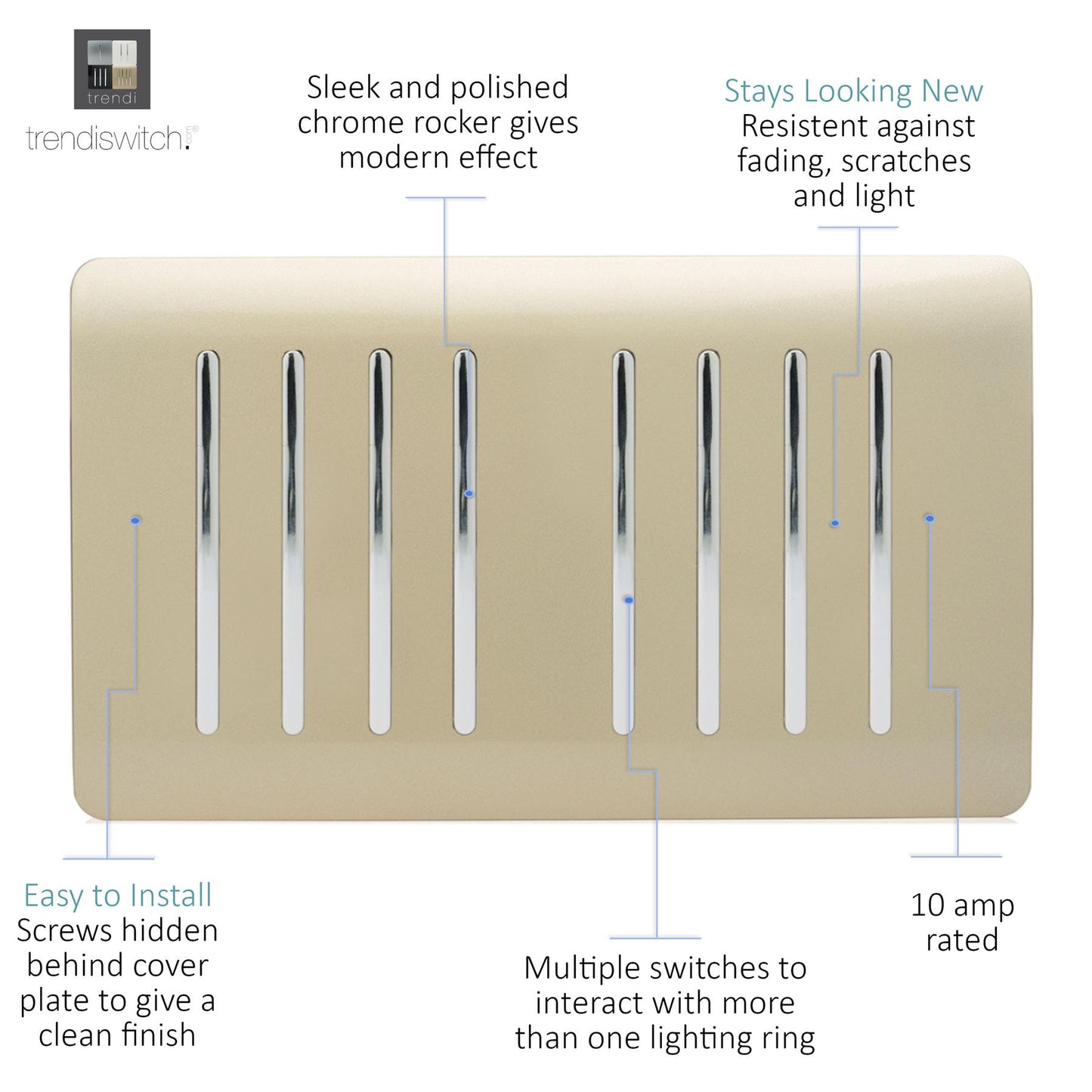 Trendi 8 Gang 2 way 240V Screwless Raised Front Twin Plate Plastic Artistic Modern Glossy 10 Amp Chrome Rocker Quad Electrical Wall Light Switch in Champagne Gold - ART-SS88GO