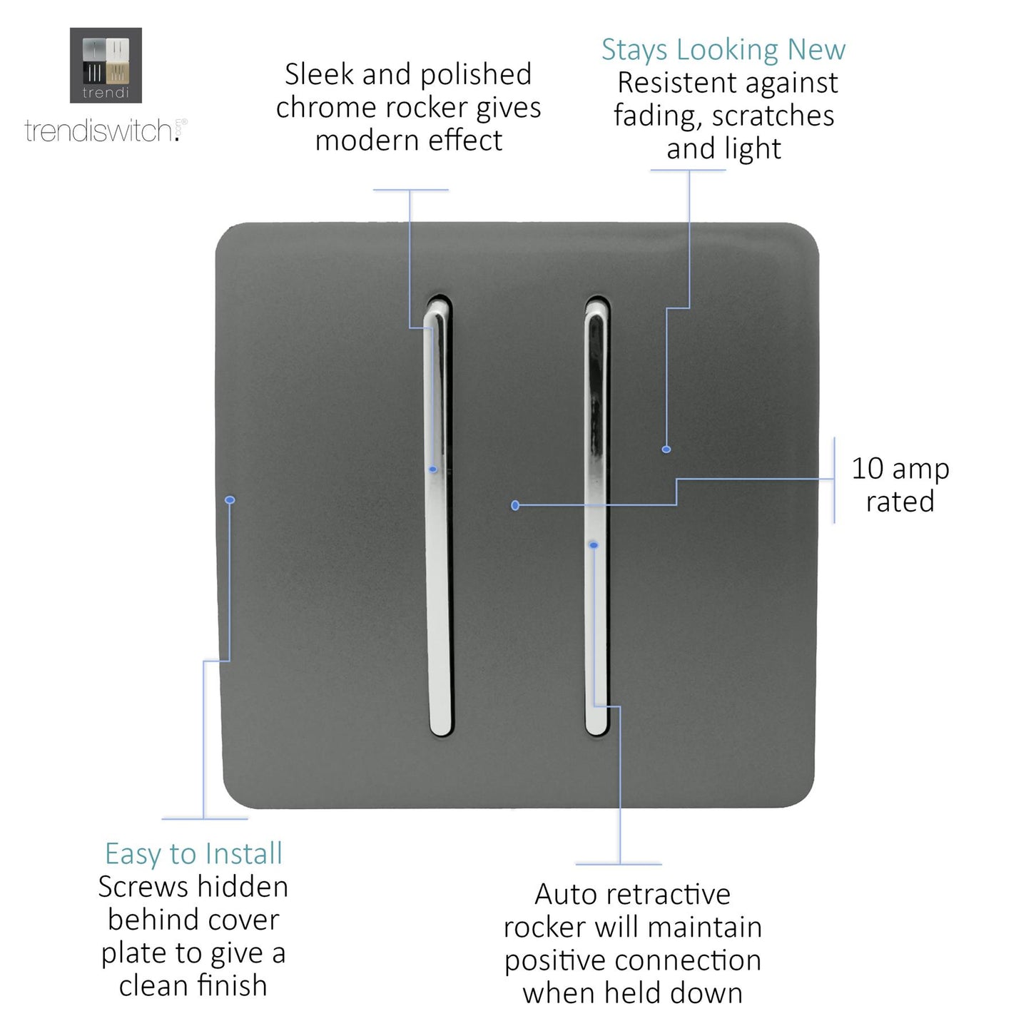 Trendi Artistic Modern Glossy Tactile Auto Retractive 2 Door Bell Switch Charcoal