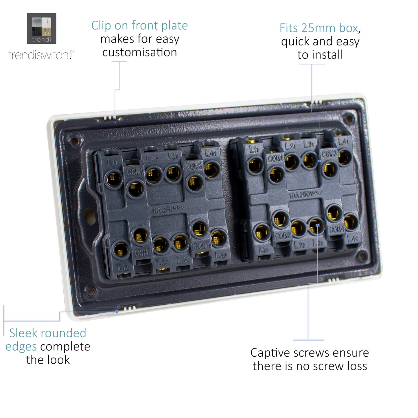 Trendi 8 Gang 2 way 240V Screwless Raised Front Twin Plate Plastic Artistic Modern Glossy 10 Amp Chrome Rocker Quad Electrical Wall Light Switch in Navy Blue - ART-SS88NV