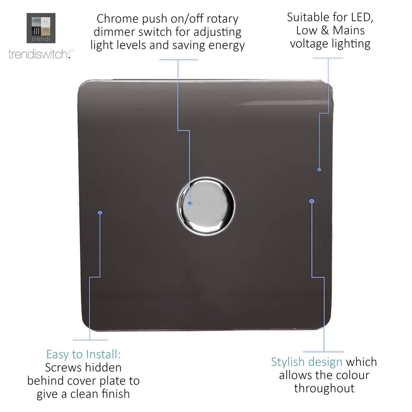 Trendi 1 Gang 2 Way 240V 150w LED Dimmer Screwless Raised Front Plate Plastic Artistic Modern Glossy 10 Amp Chrome Single Electrical Wall Light Switch in Dark Mocha Brown - ART-LDMDB